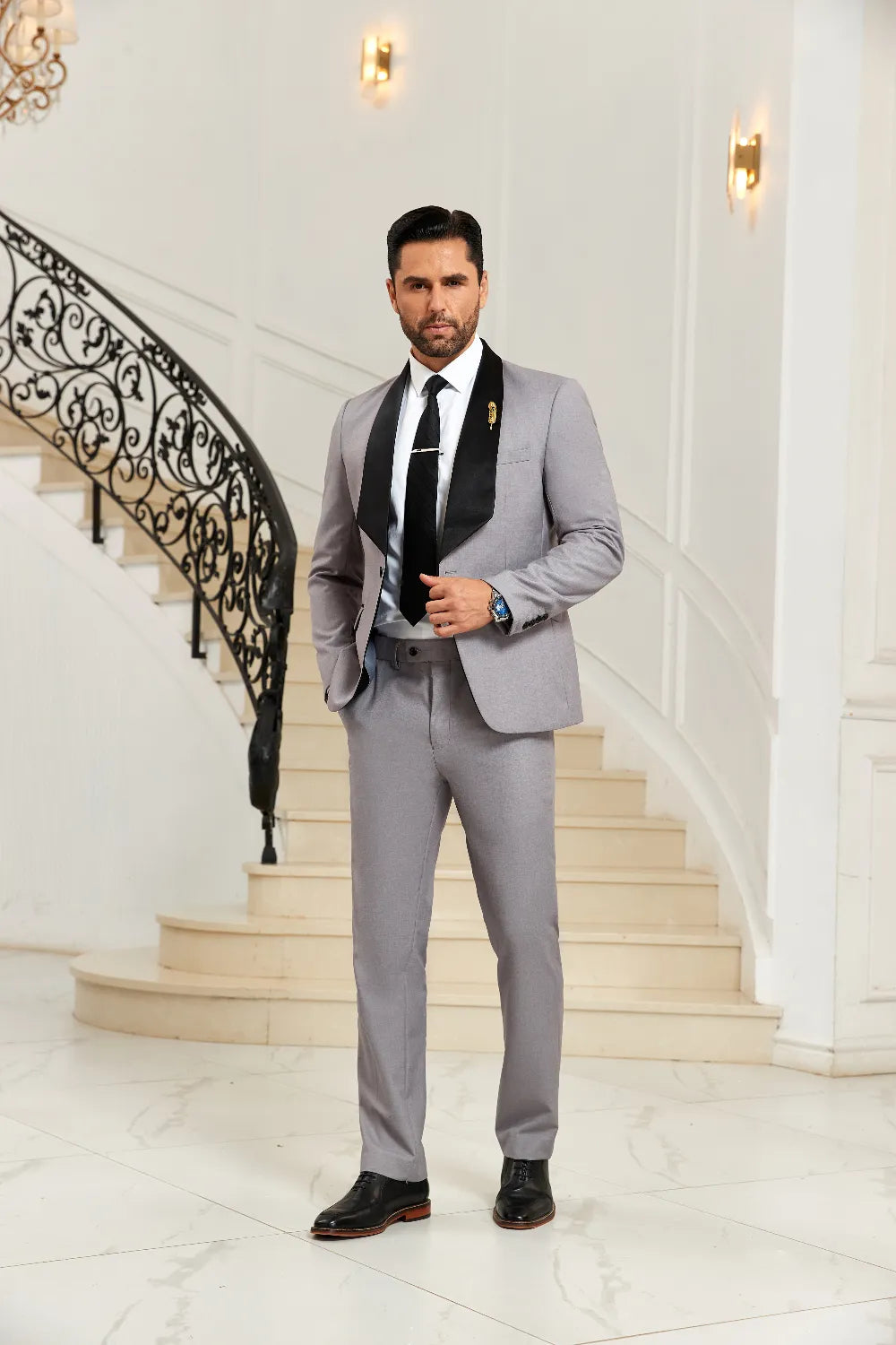 Men's Grey Unique Collar Party 2 Pieces Suits