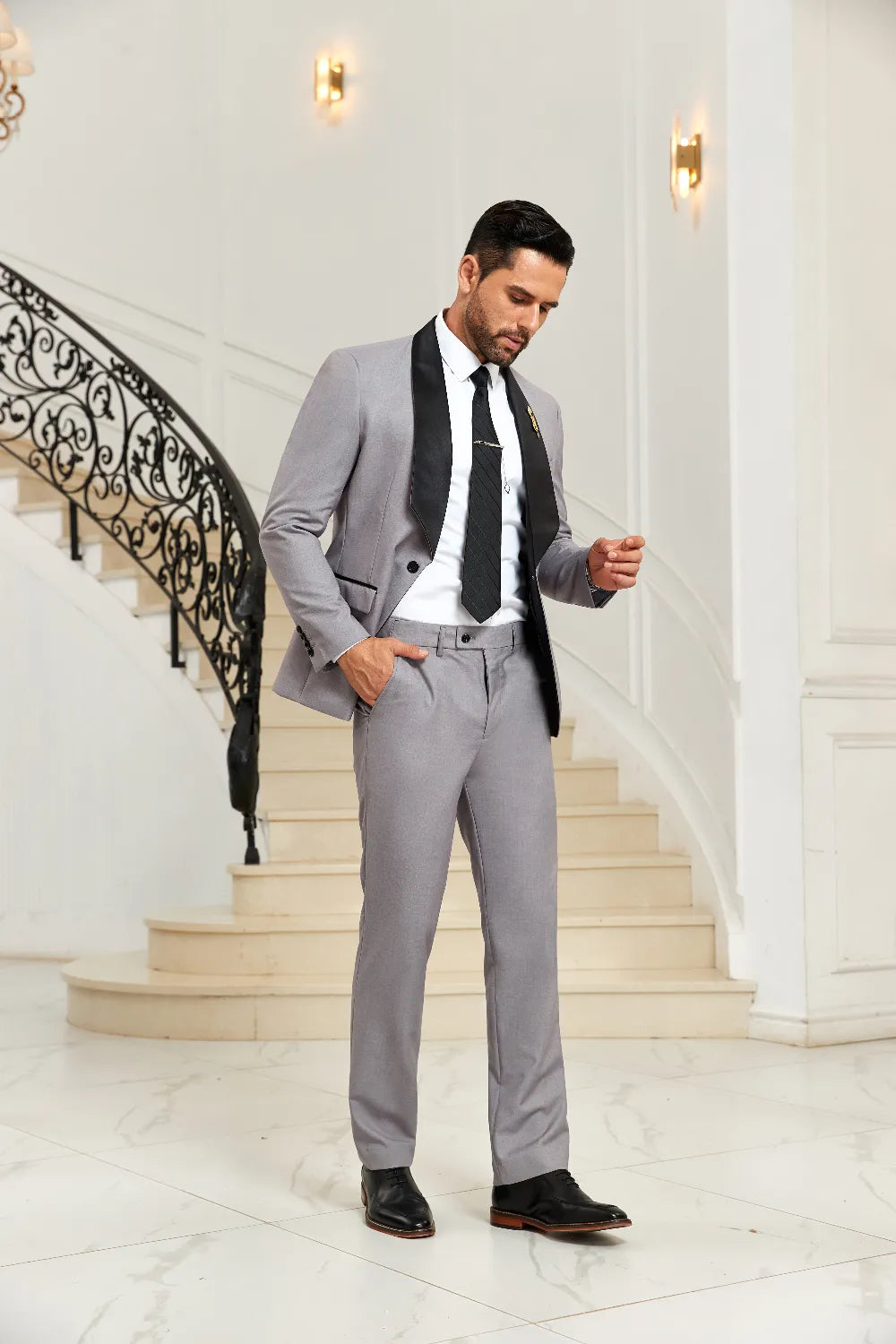 Men's Grey Unique Collar Party 2 Pieces Suits