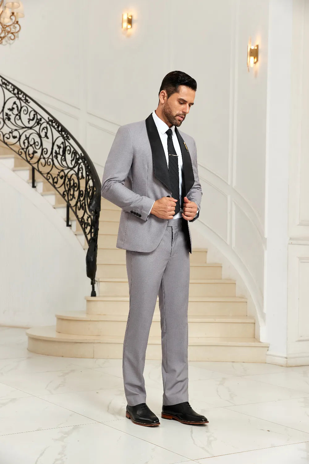 Men's Grey Unique Collar Party 2 Pieces Suits