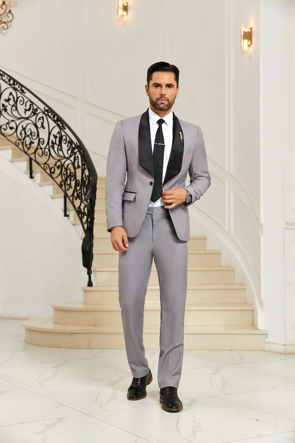Men's Grey Unique Collar Party 2 Pieces Suits