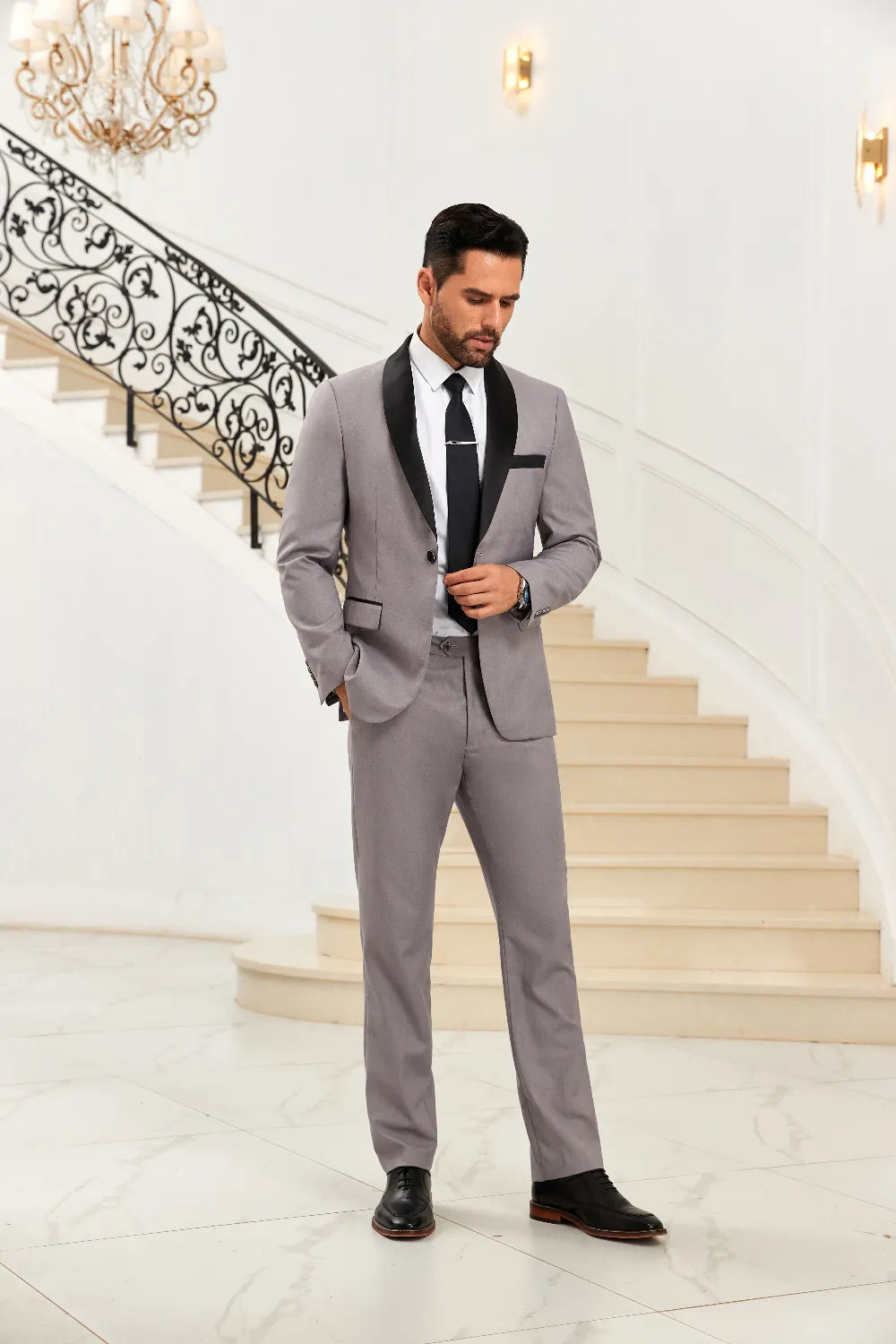 Men's Grey Unique Collar Party 2 Pieces Suits
