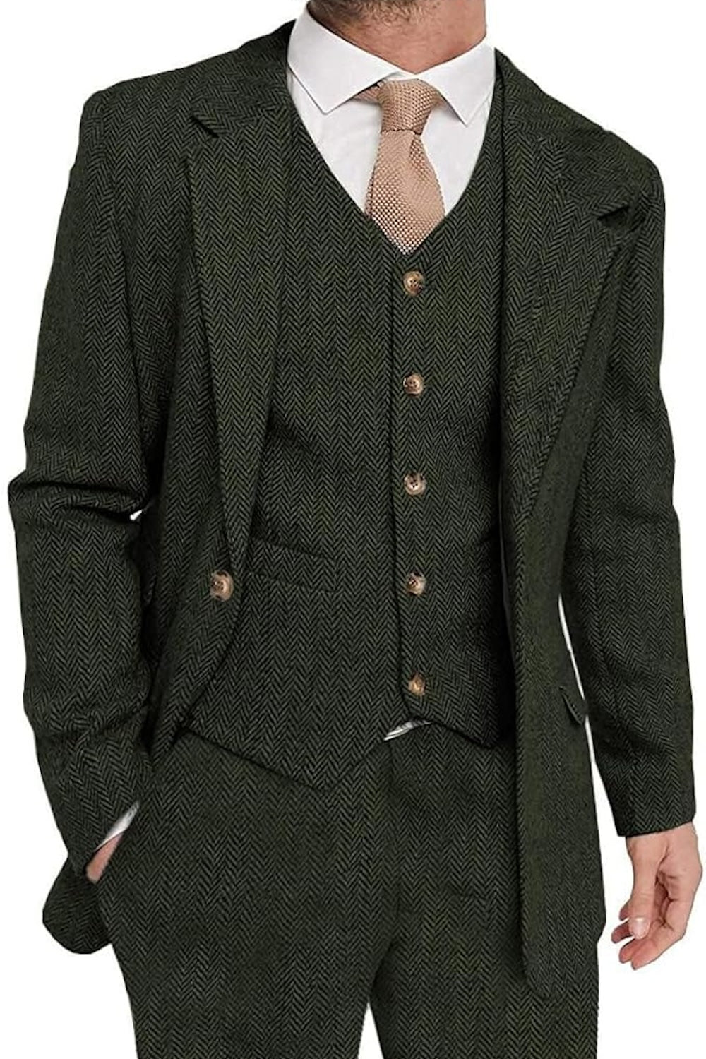 Army Green herringbone tweed suit with notch lapel style, 3 piece set styled for formal events