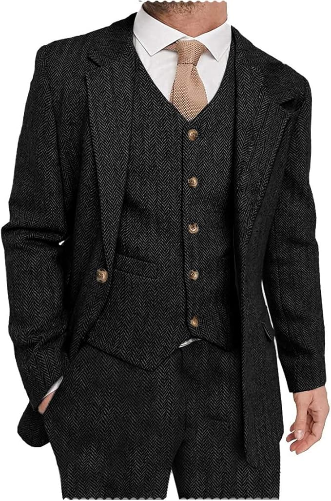 Black herringbone tweed suit with notch lapel style, 3 piece mens suit shown in casual look