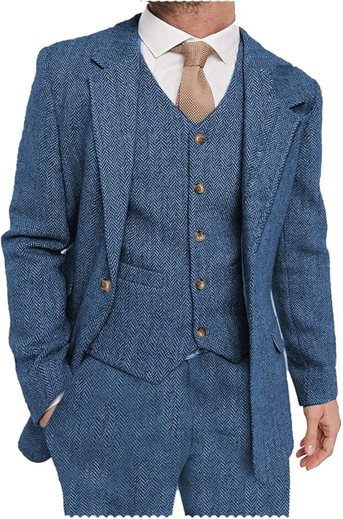 Blue herringbone tweed suit with notch lapel style, 3 piece set styled for formal events