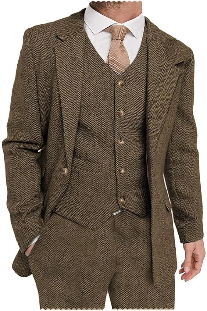 Brown herringbone tweed suit with notch lapel style, 3 piece set styled for formal events