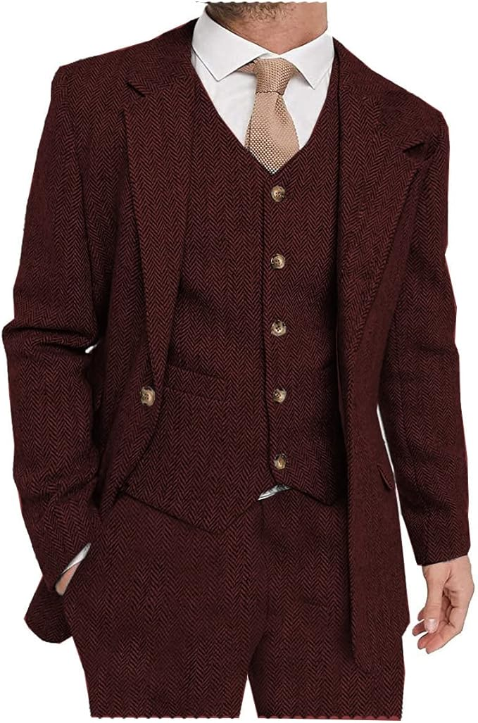 Burgundy herringbone tweed suit with notch lapel style, 3 piece set styled for formal events