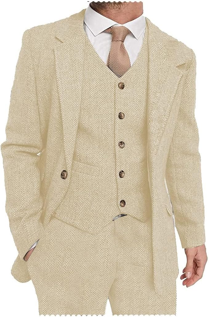 Champagne herringbone tweed suit with notch lapel style, 3 piece set styled for formal events