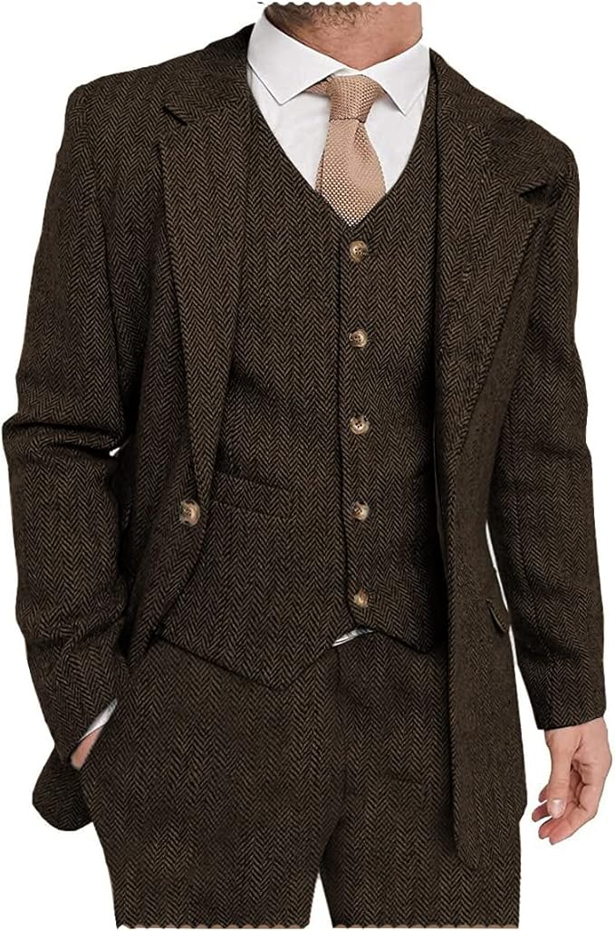 Coffee herringbone tweed suit with notch lapel style, 3 piece set styled for formal events