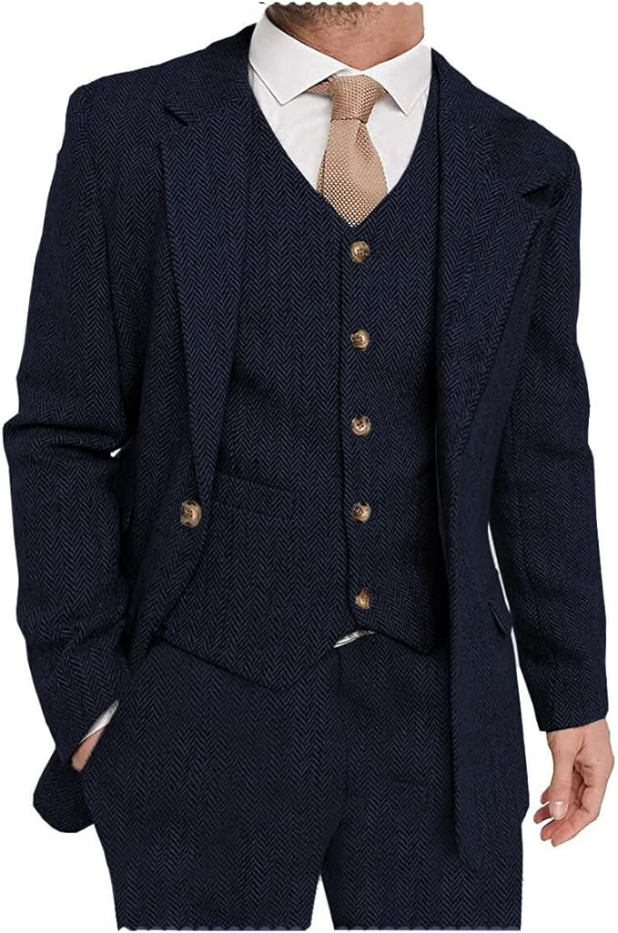 Navy herringbone tweed suit with notch lapel style, 3 piece set styled for formal events