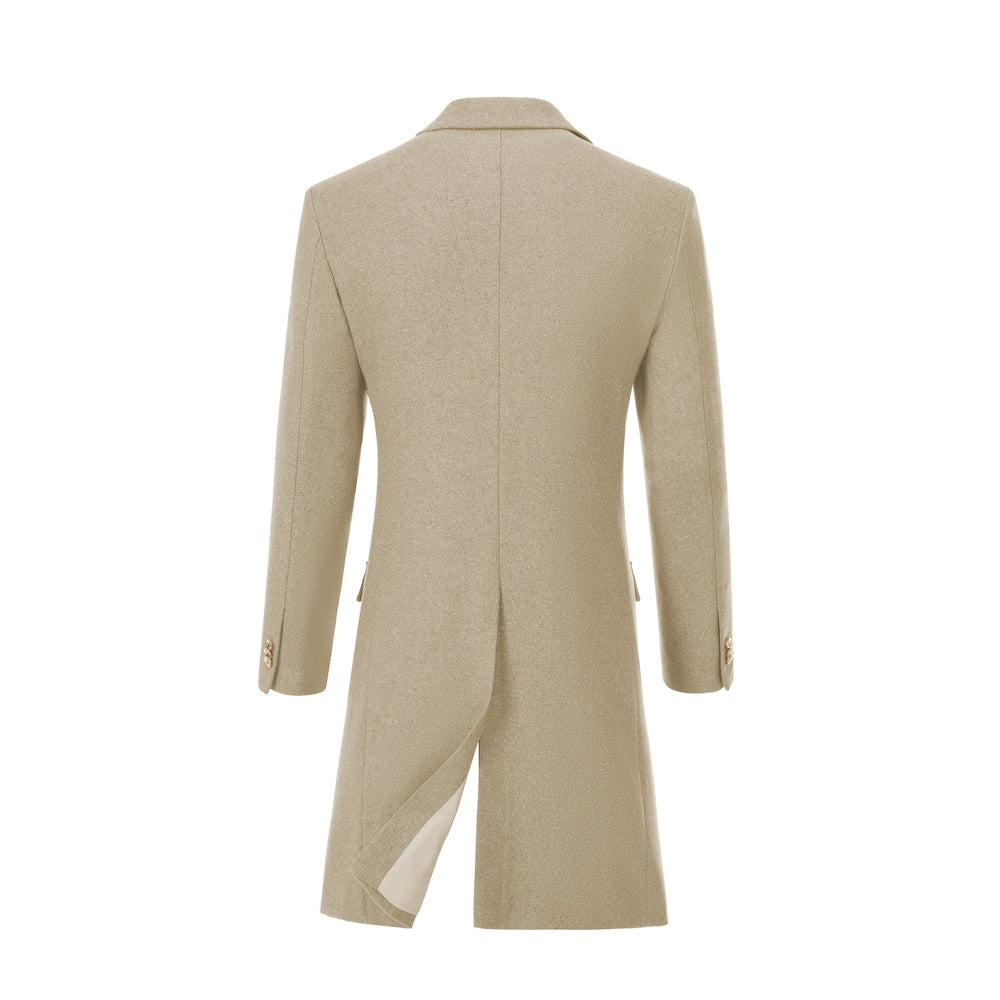 Men’s beige wool overcoat – double-breasted back view