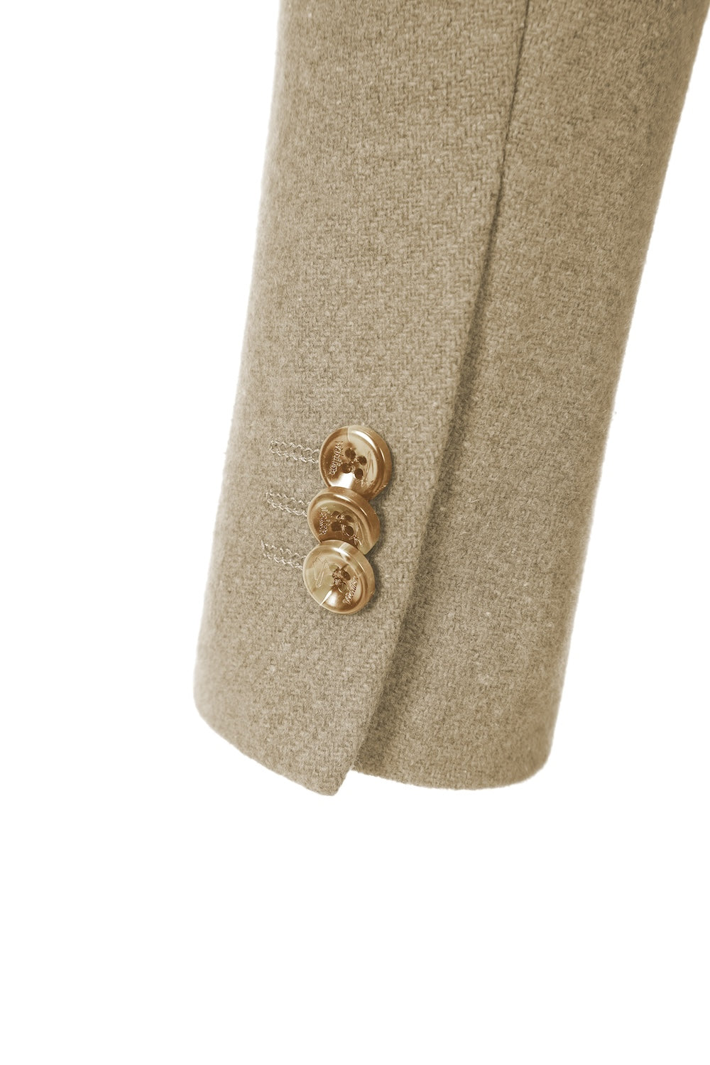 Close-up of sleeve detail on beige wool overcoat for men