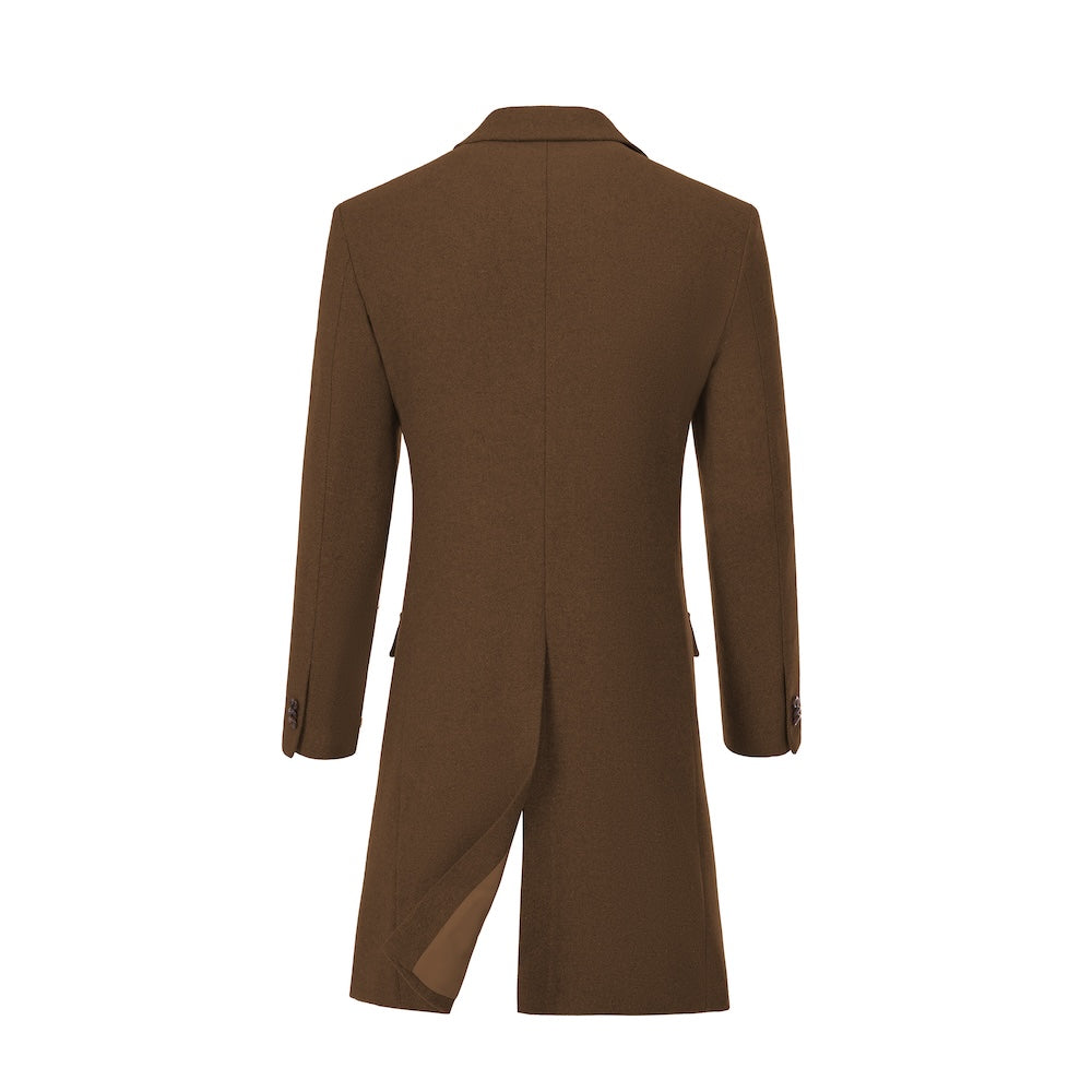 Men’s brown wool overcoat – double-breasted back view