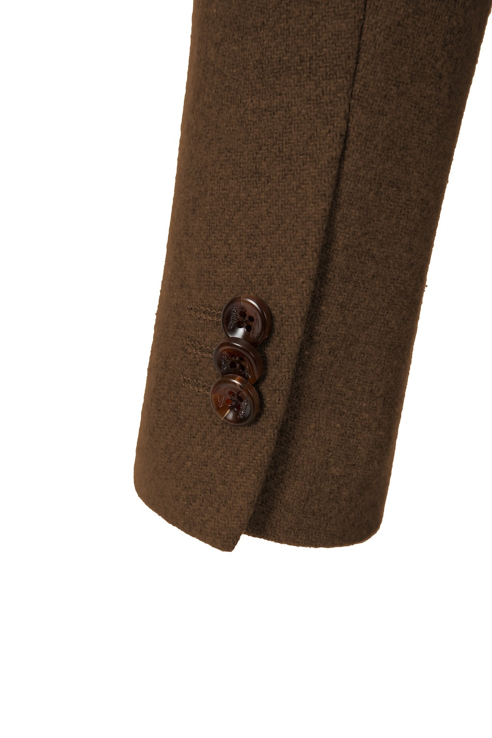 Close-up of sleeve detail on brown wool overcoat for men