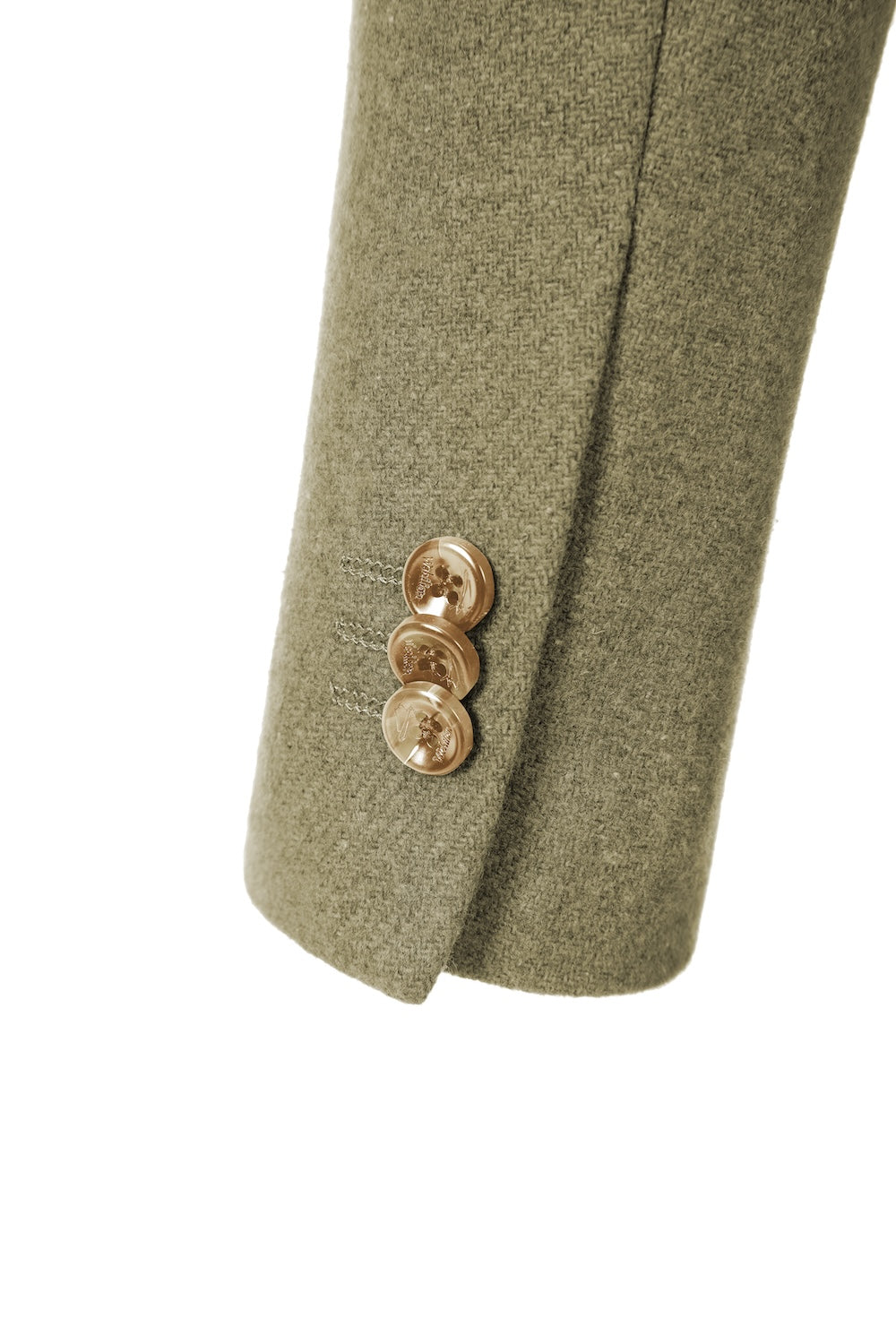 Close-up of sleeve detail on green wool overcoat for men