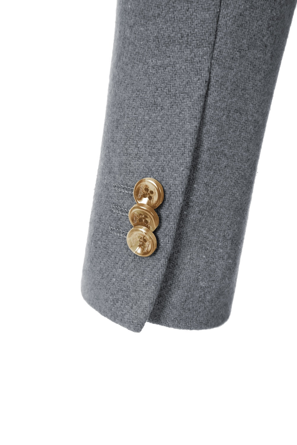 Close-up of sleeve detail on grey wool overcoat for men