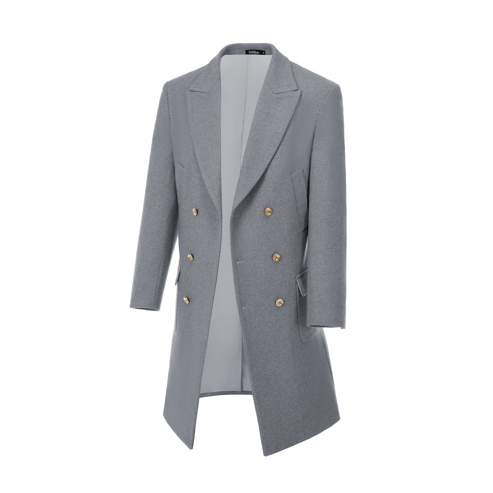 Grey double-breasted wool overcoat for men – side view