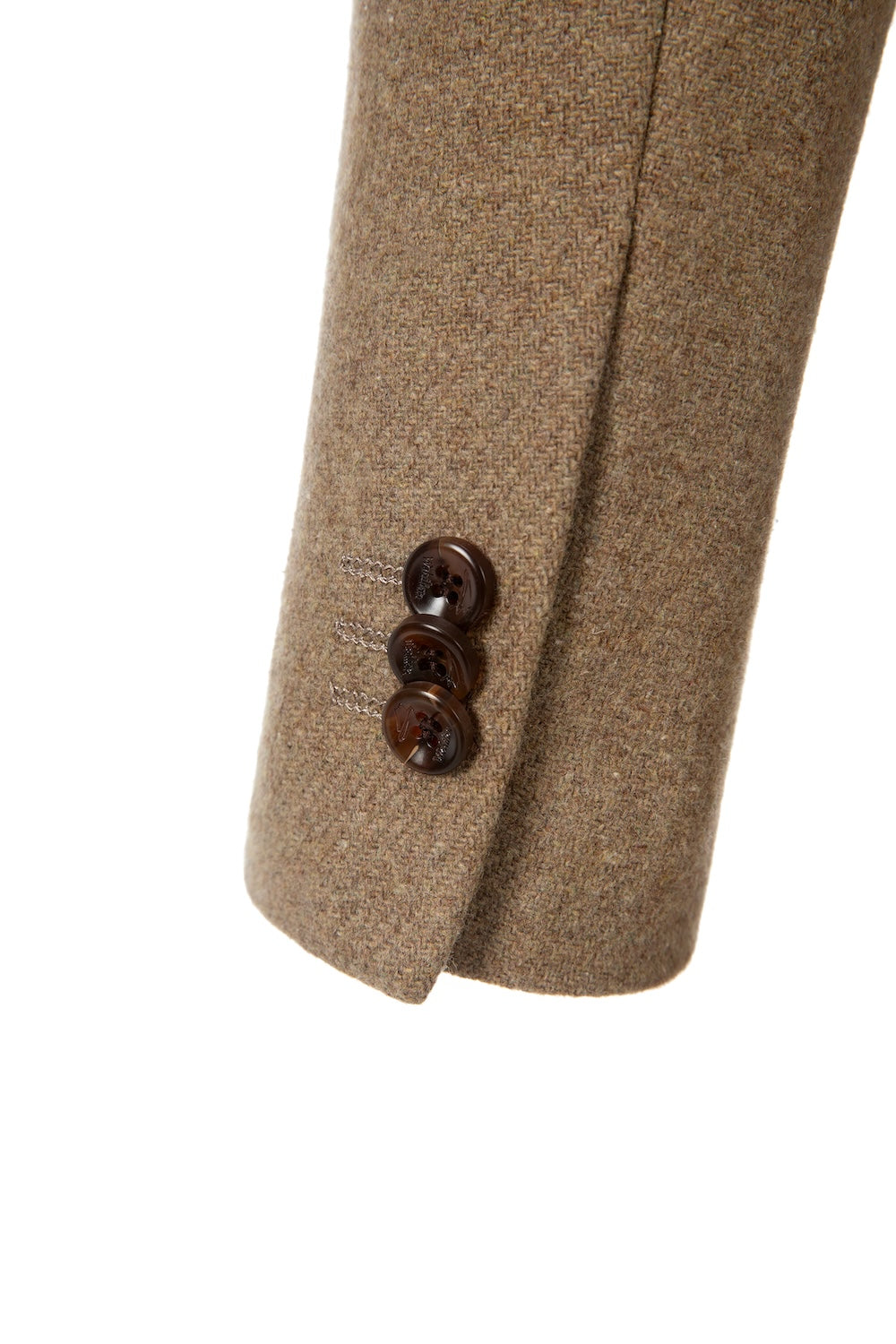 Close-up of sleeve detail on khaki wool overcoat for men