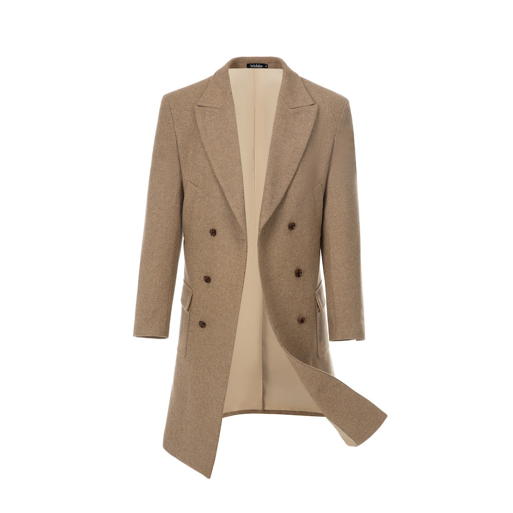 Khaki double-breasted wool overcoat for men – front view