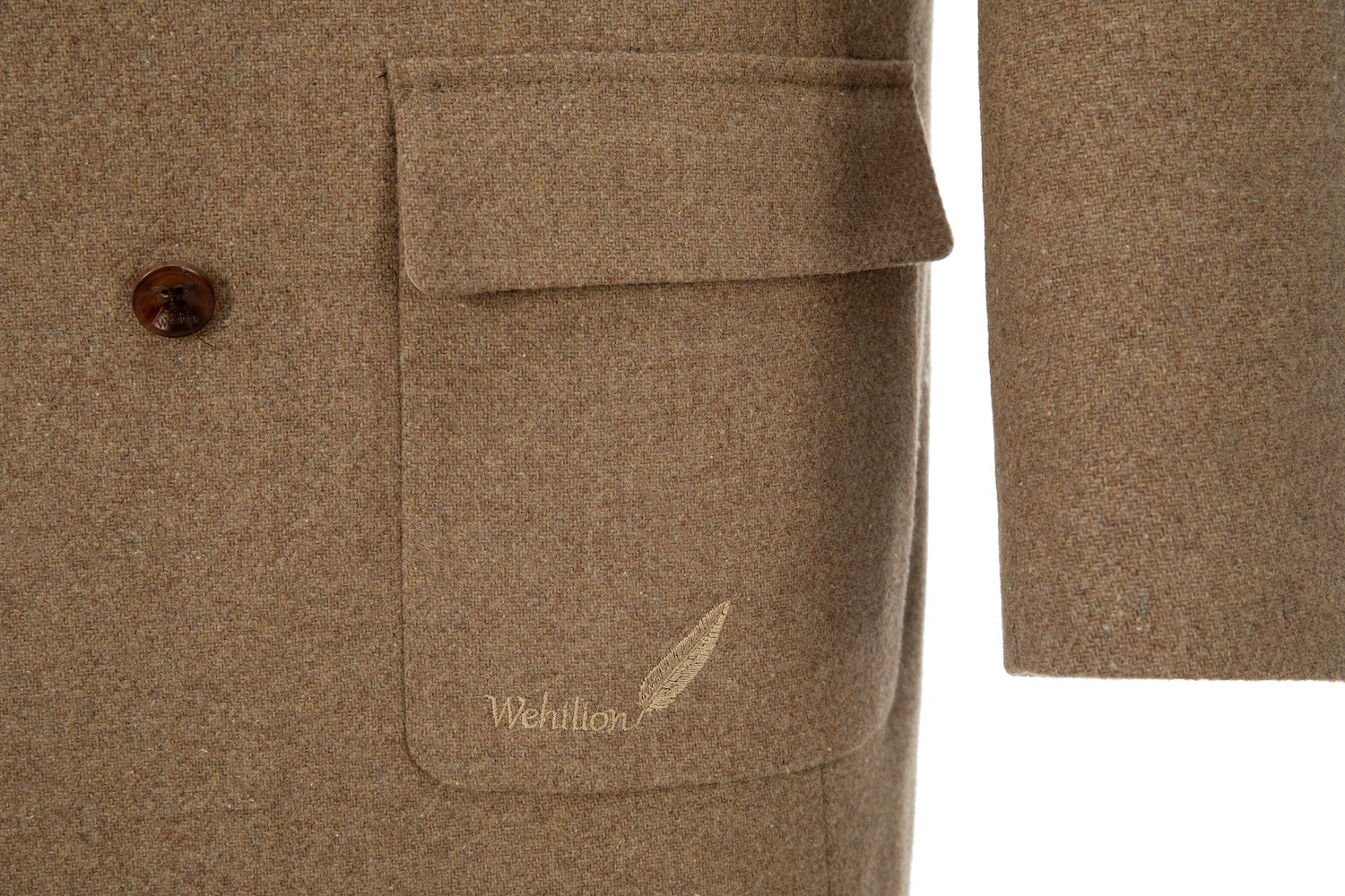 Khaki wool overcoat for men – pocket detail on double-breasted design