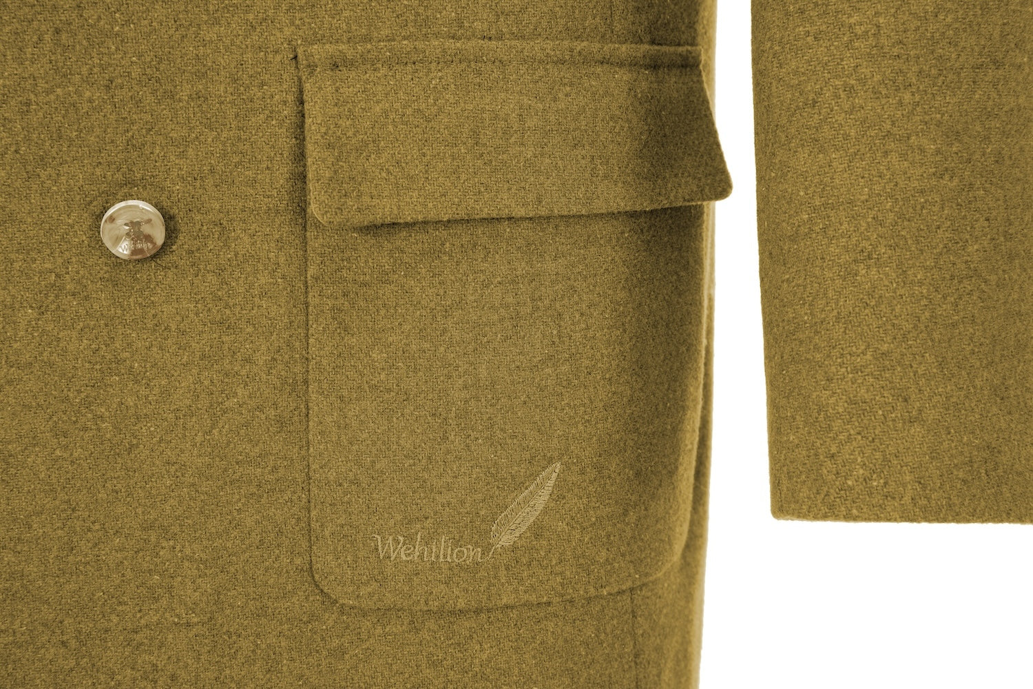 Yellow wool overcoat for men – pocket detail on double-breasted design