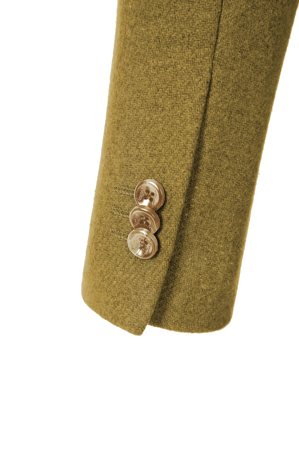 Close-up of sleeve detail on yellow wool overcoat for men