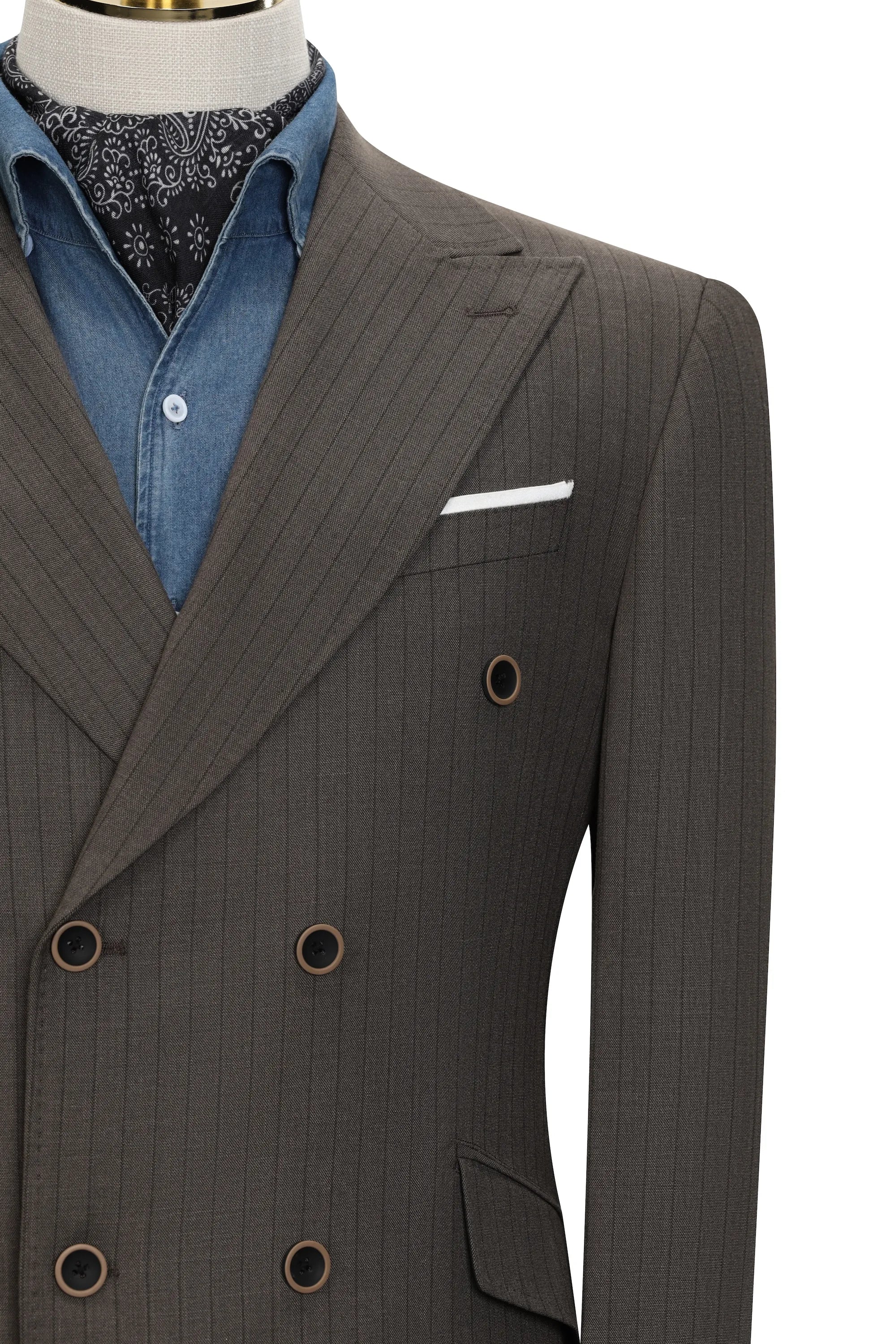 Men's Brown Peak Lapel Stripe 3 Piece Suits