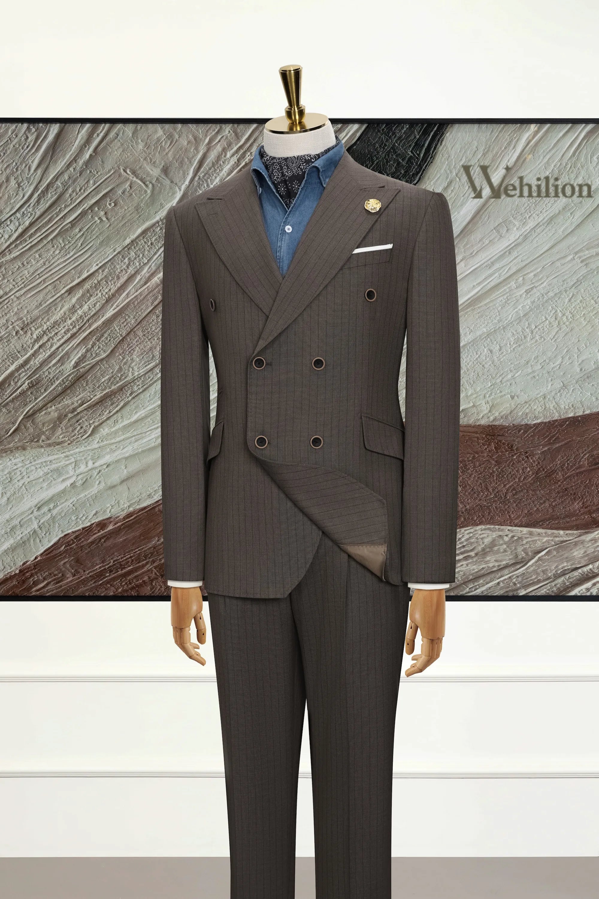 Men's Brown Peak Lapel Stripe 3 Piece Suits