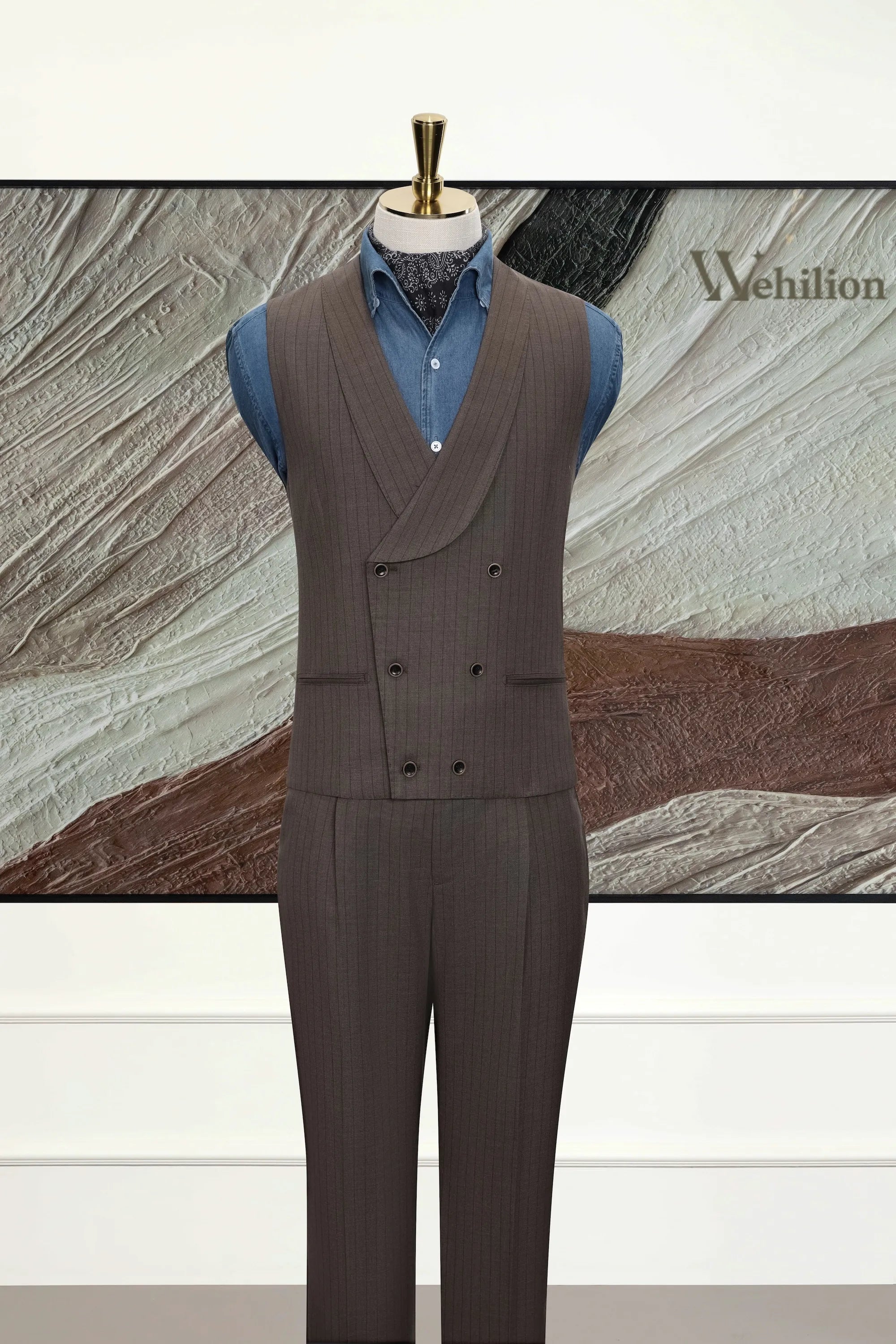 Men's Brown Peak Lapel Stripe 3 Piece Suits