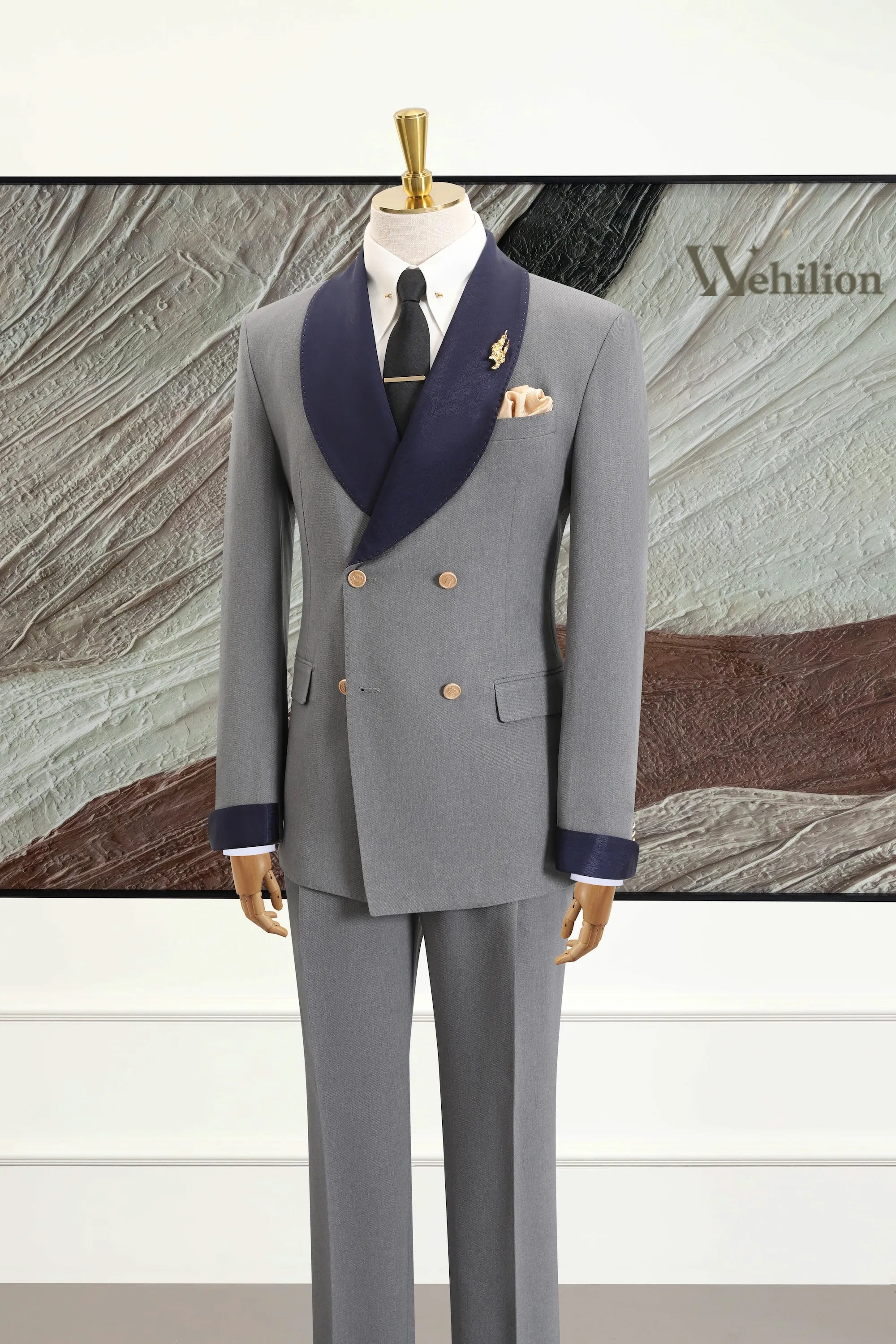 Men's Grey Double-Breasted 2 Piece Suits