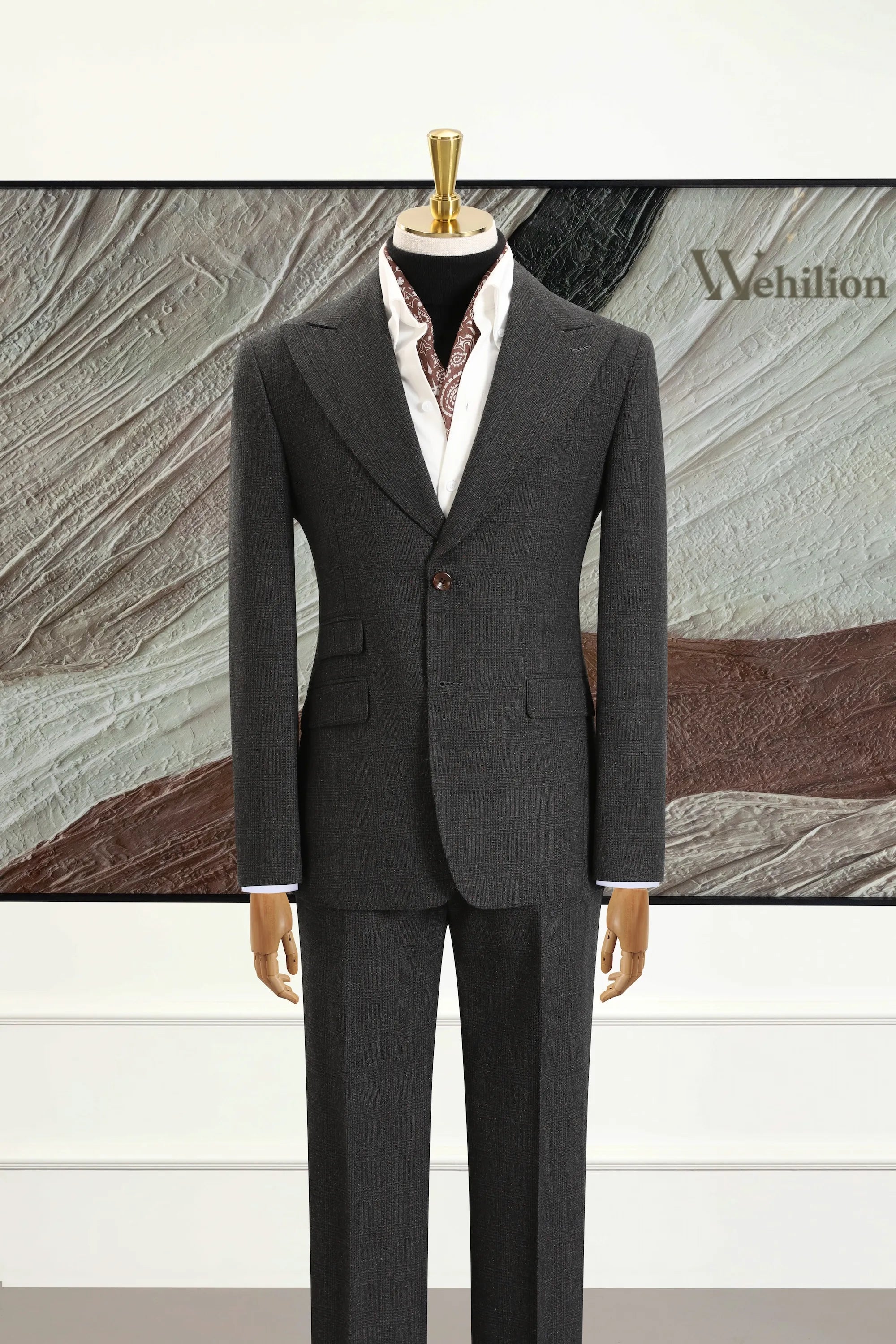 Men's Grey Peak Lapel Herringbone 2 Piece Suits