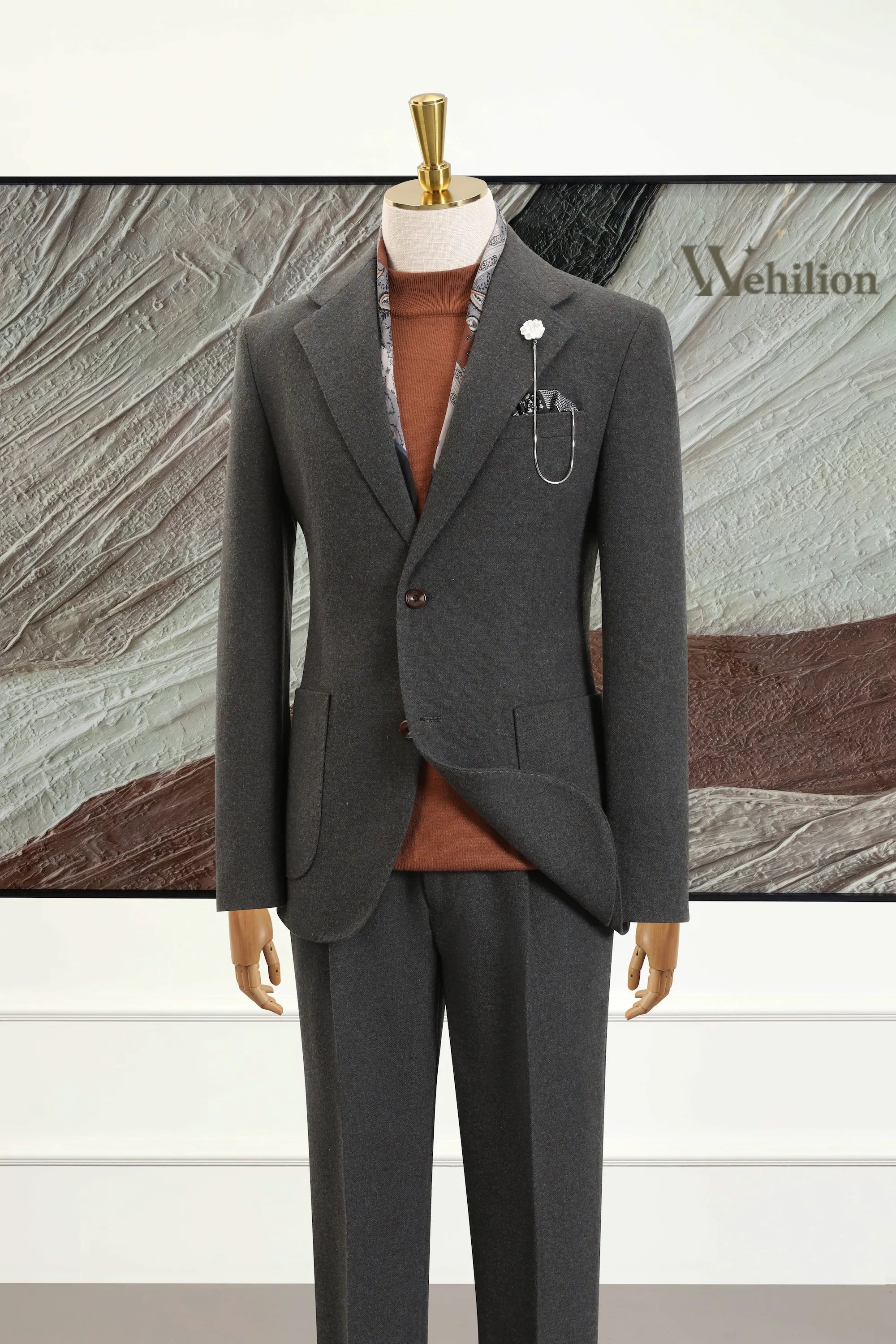 Men's Grey Wool Herringbone 2 Piece Suits