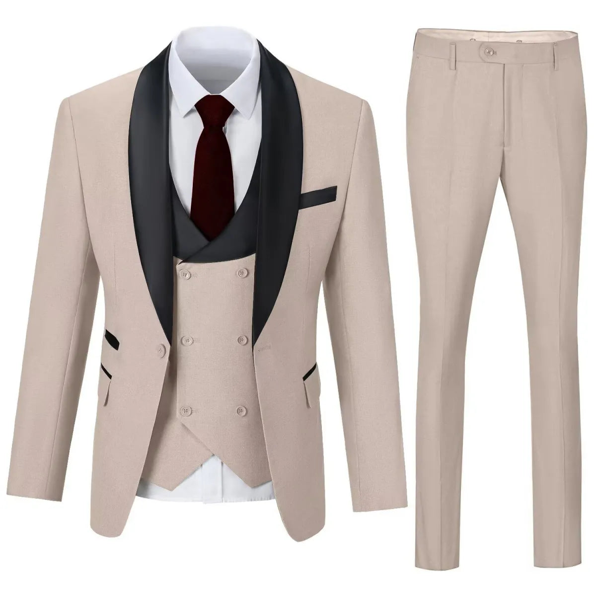 Men's beige 3 piece suit with shawl collar blazer and slim trousers – stylish formal and casual events