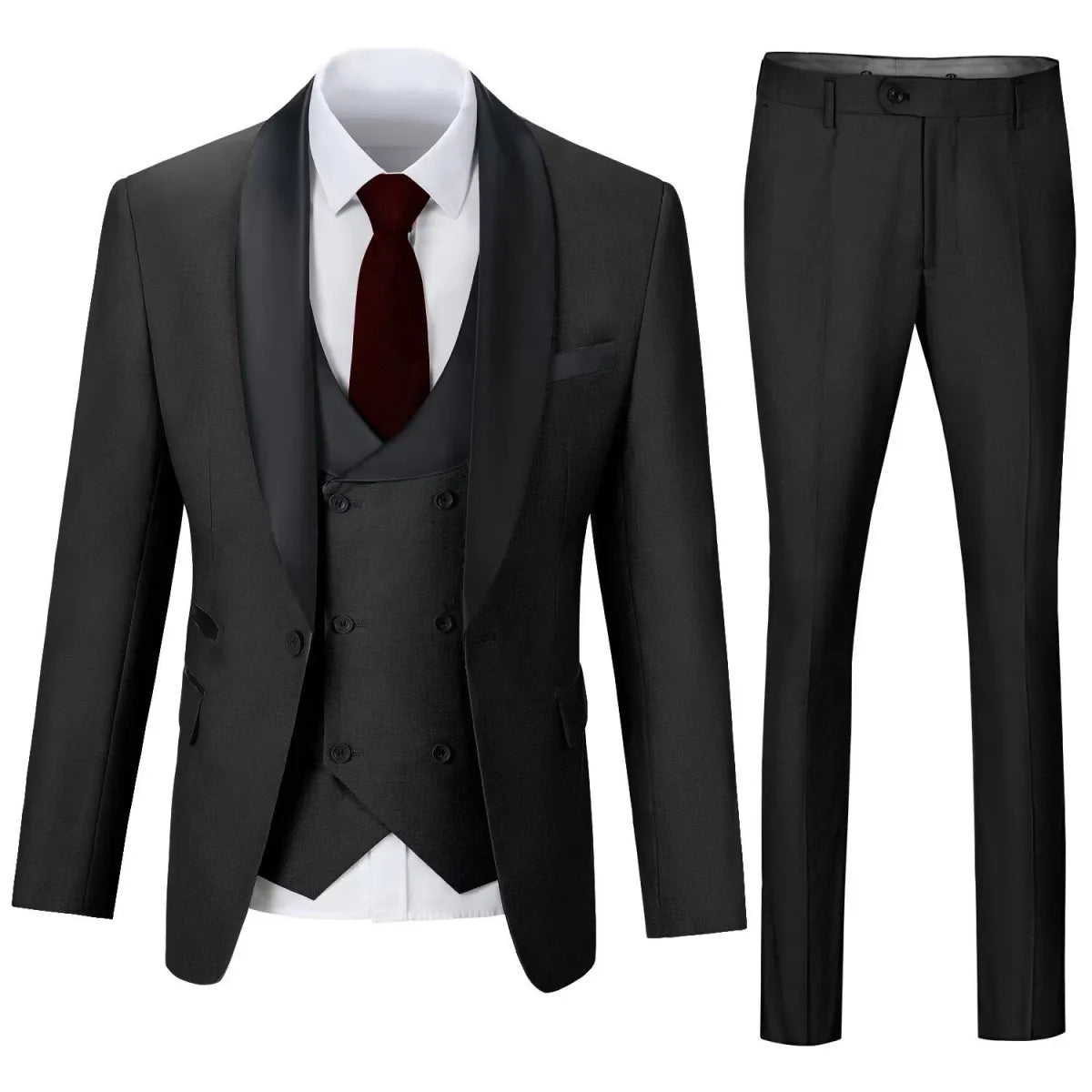 Men's black 3 piece suit with shawl collar blazer, matching vest, and slim trousers – formal business attire