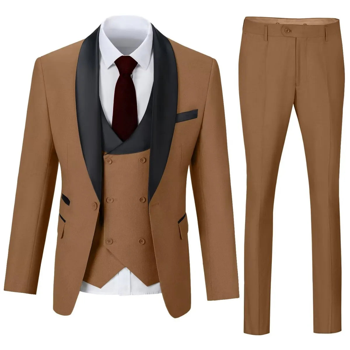 Men's brown 3 piece suit with shawl collar blazer and slim trousers – business and evening formal look