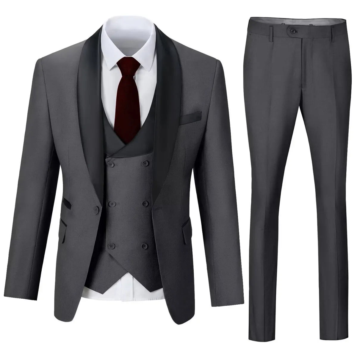 Men's dark grey 3 piece suit with shawl collar blazer and slim trousers – classic wedding and business attire