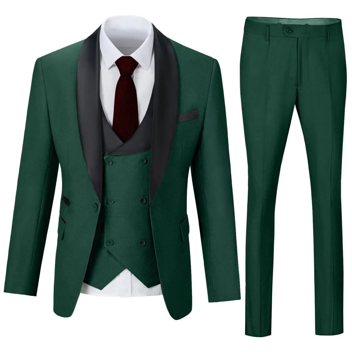 Men's green 3 piece suit with shawl collar blazer and slim trousers – classic formal style
