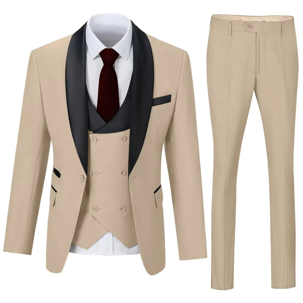 Men's khaki shawl collar 3 piece suit with slim trousers – versatile business and evening look