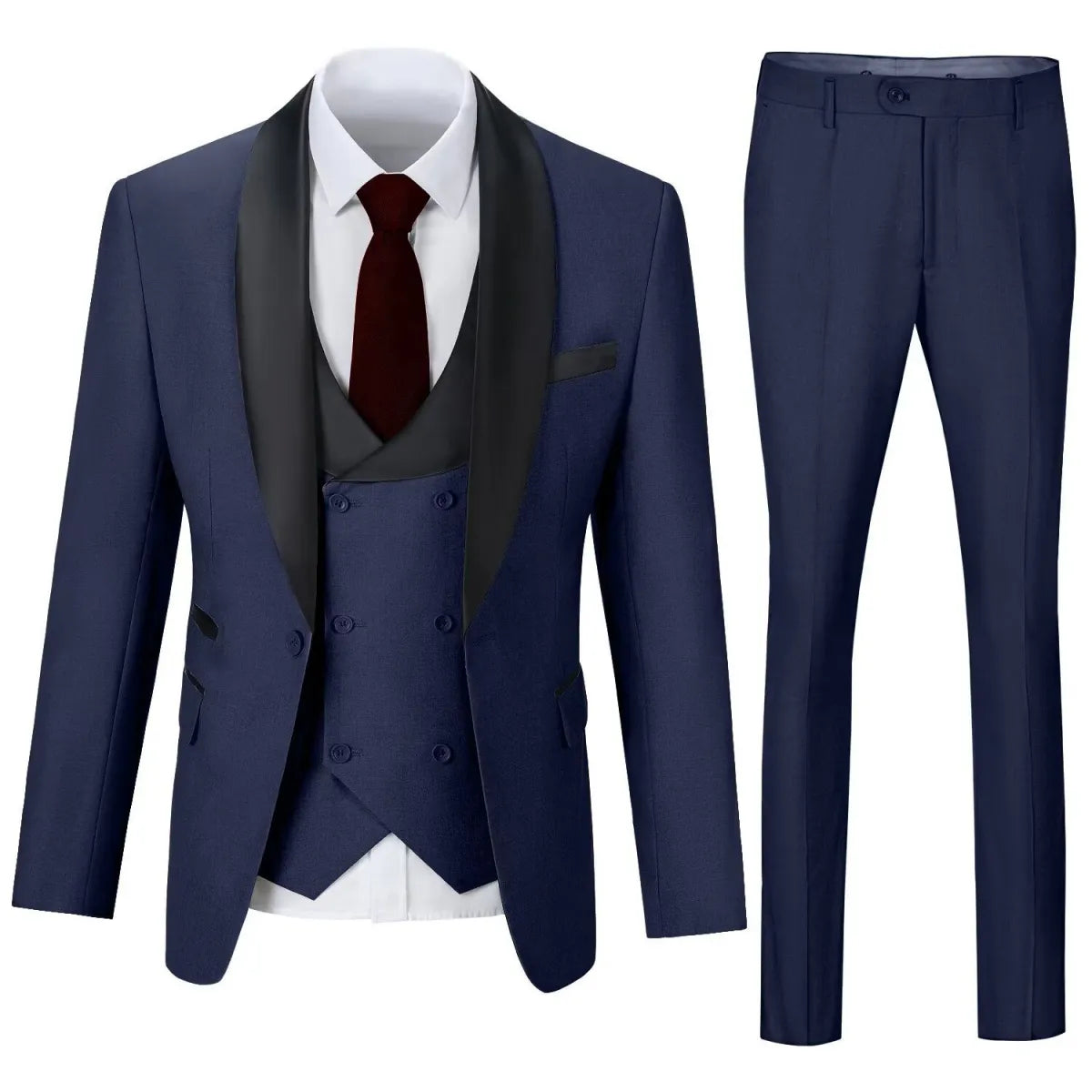 Men's navy 3 piece suit with shawl collar blazer and slim trousers – elegant business and evening attire