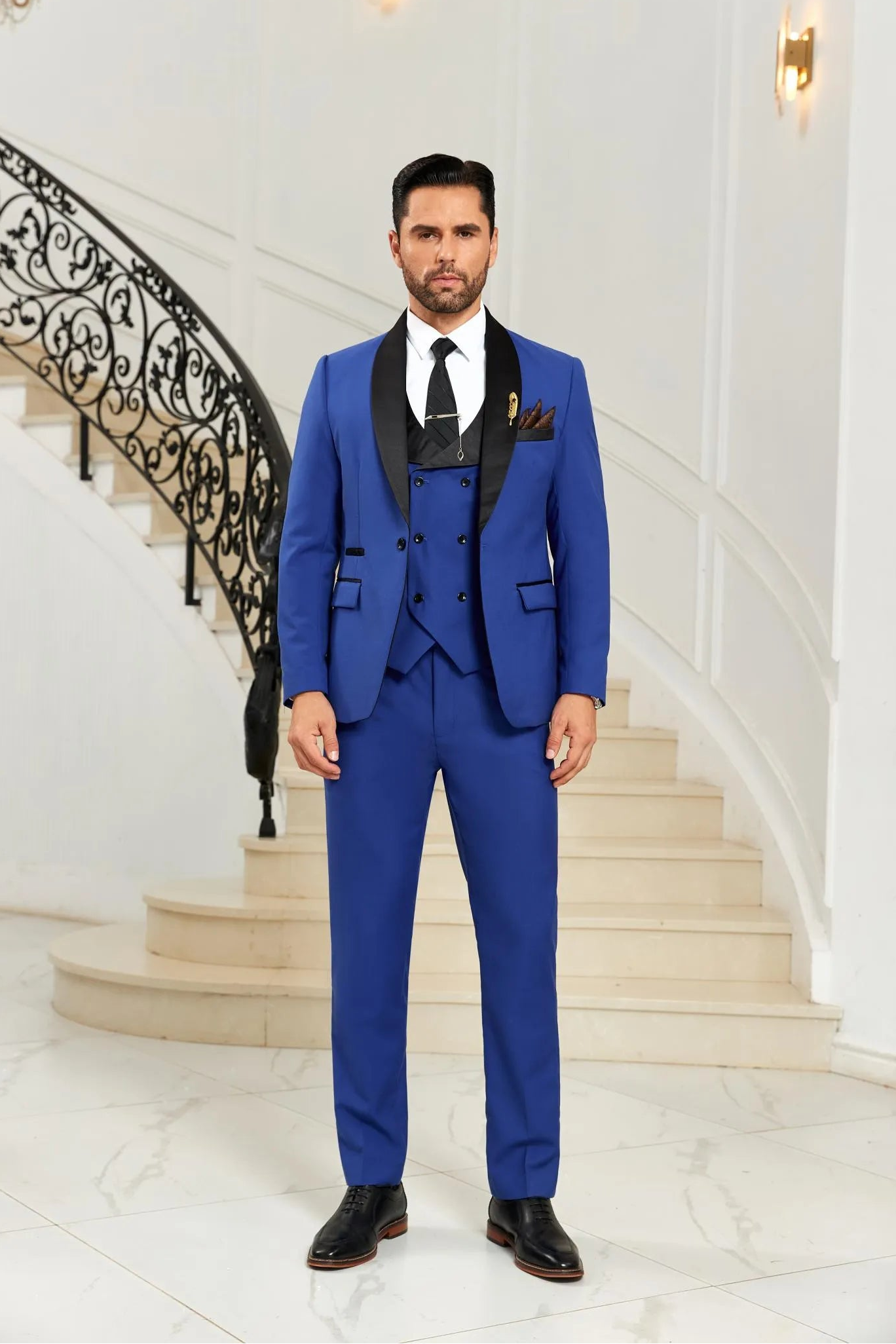 Royal blue shawl collar 3 piece men's suit full front view with blazer, vest, and trousers – wedding & formal style