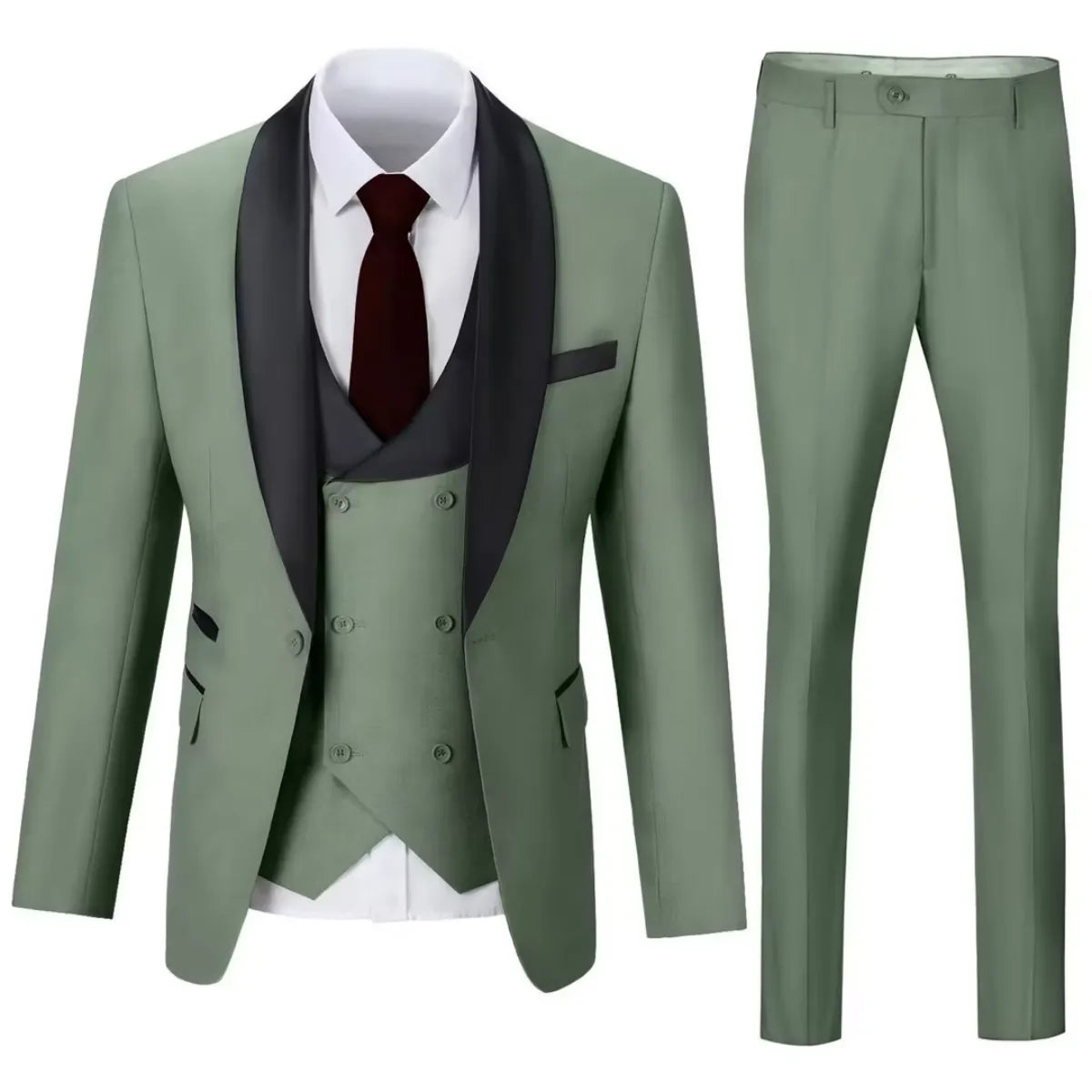 Men's sage green 3 piece suit with shawl collar blazer and slim trousers – stylish formal wear