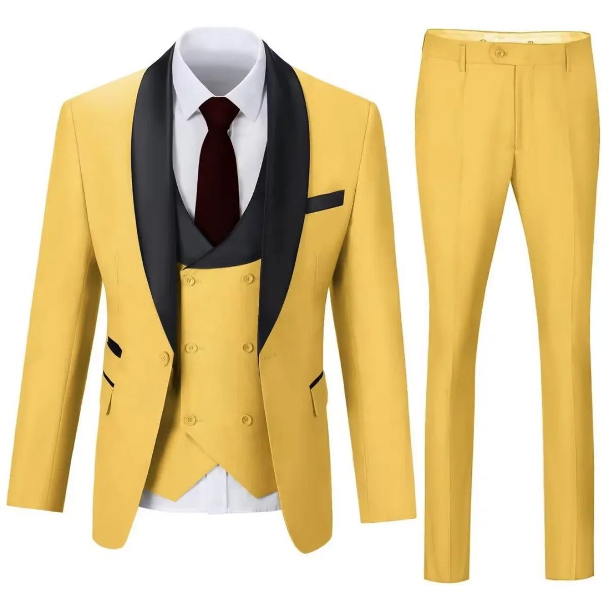 Men's yellow 3 piece suit with shawl collar blazer and slim trousers – stylish formal outfit