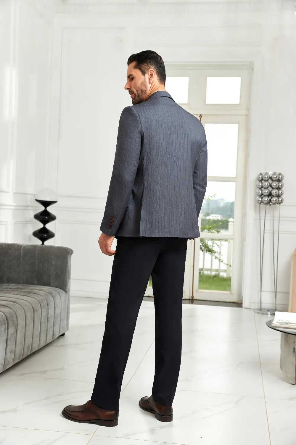 Men's Grey Stripe Double-Breasted Blazer