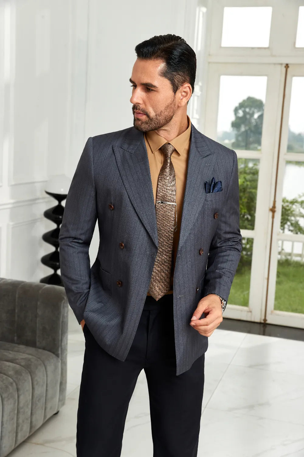 Men's Grey Stripe Double-Breasted Blazer