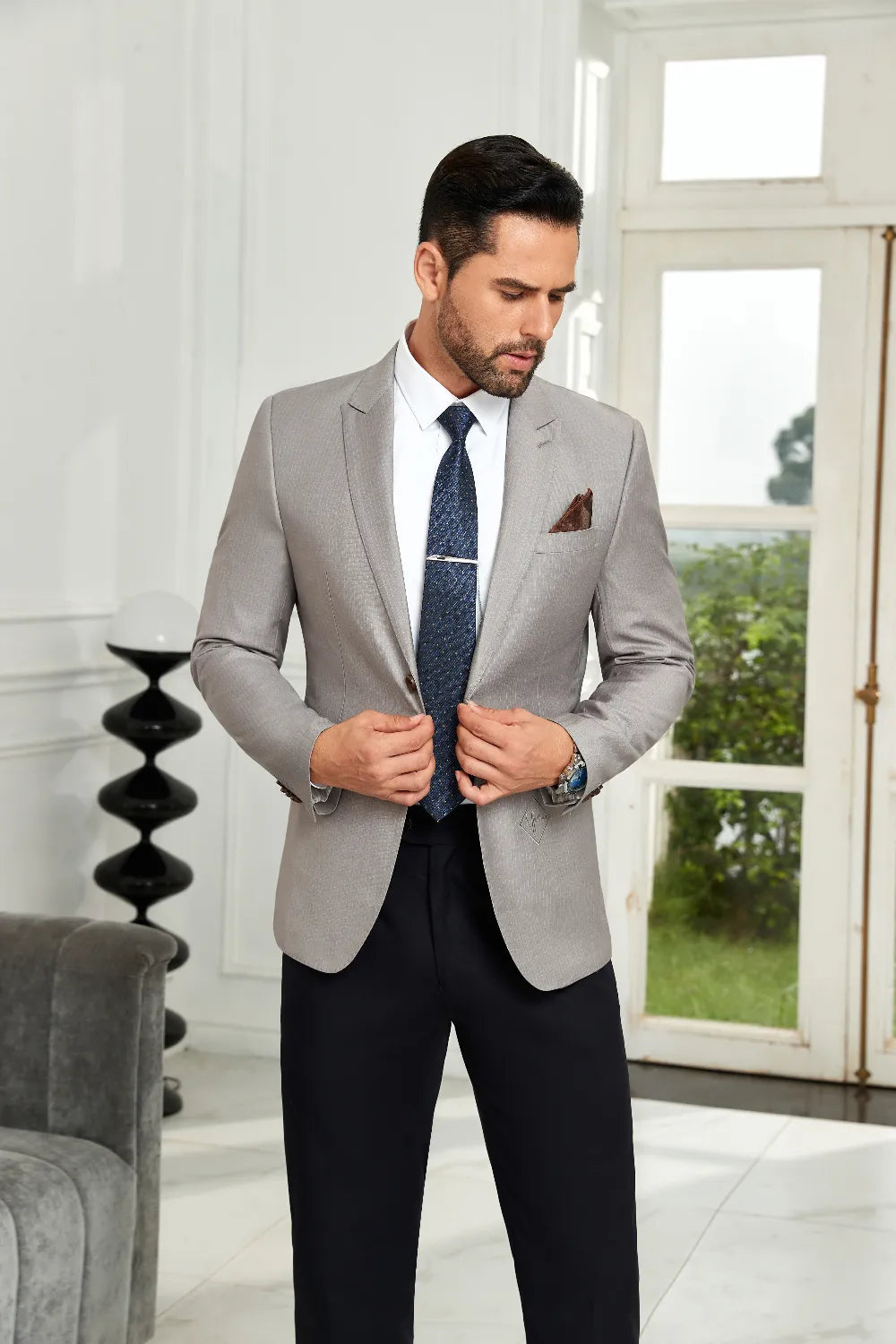 Men's Grey Pinstripe 2 Button Blazer