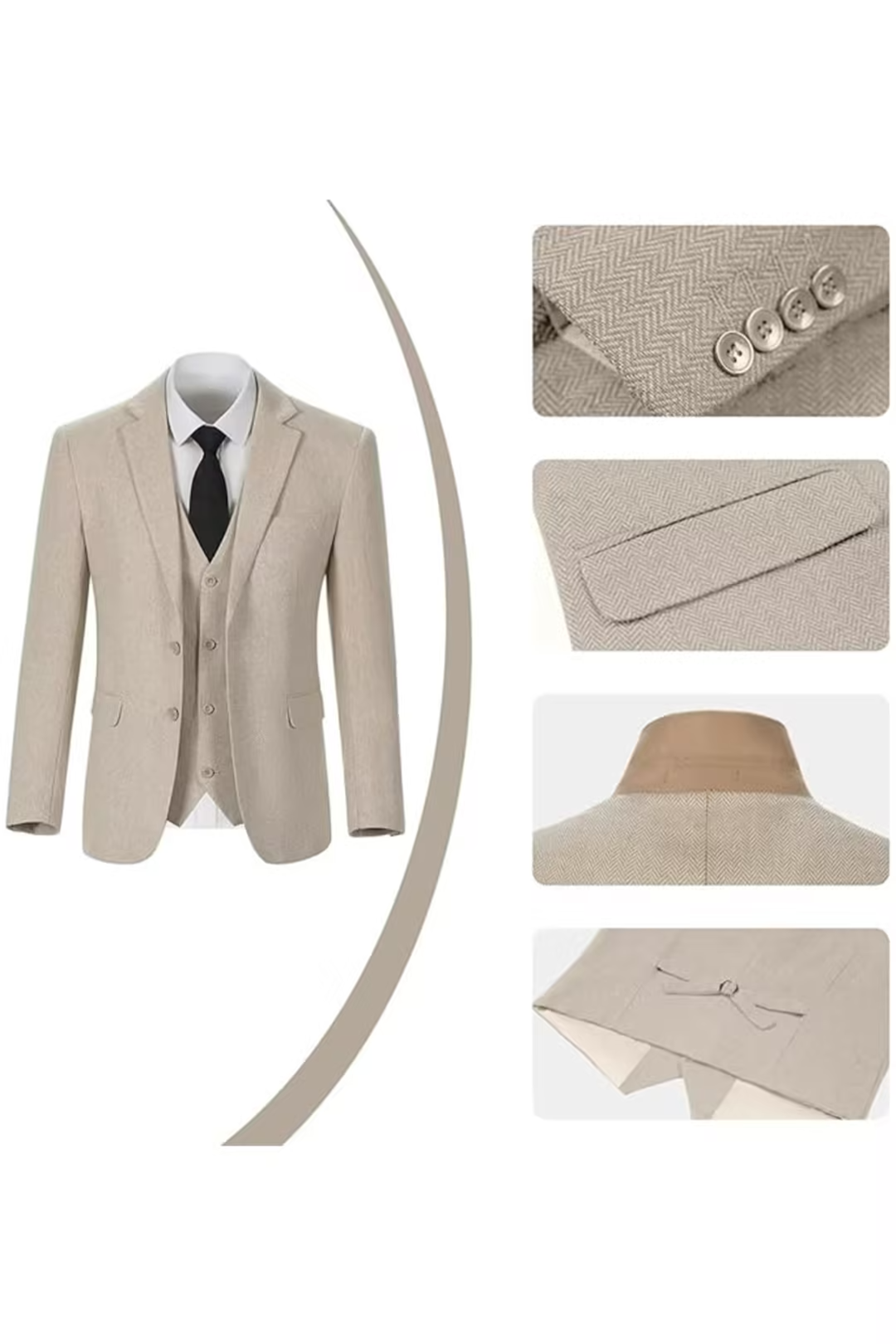 Close-up of beige herringbone suit jacket details – buttons, lapel, and back