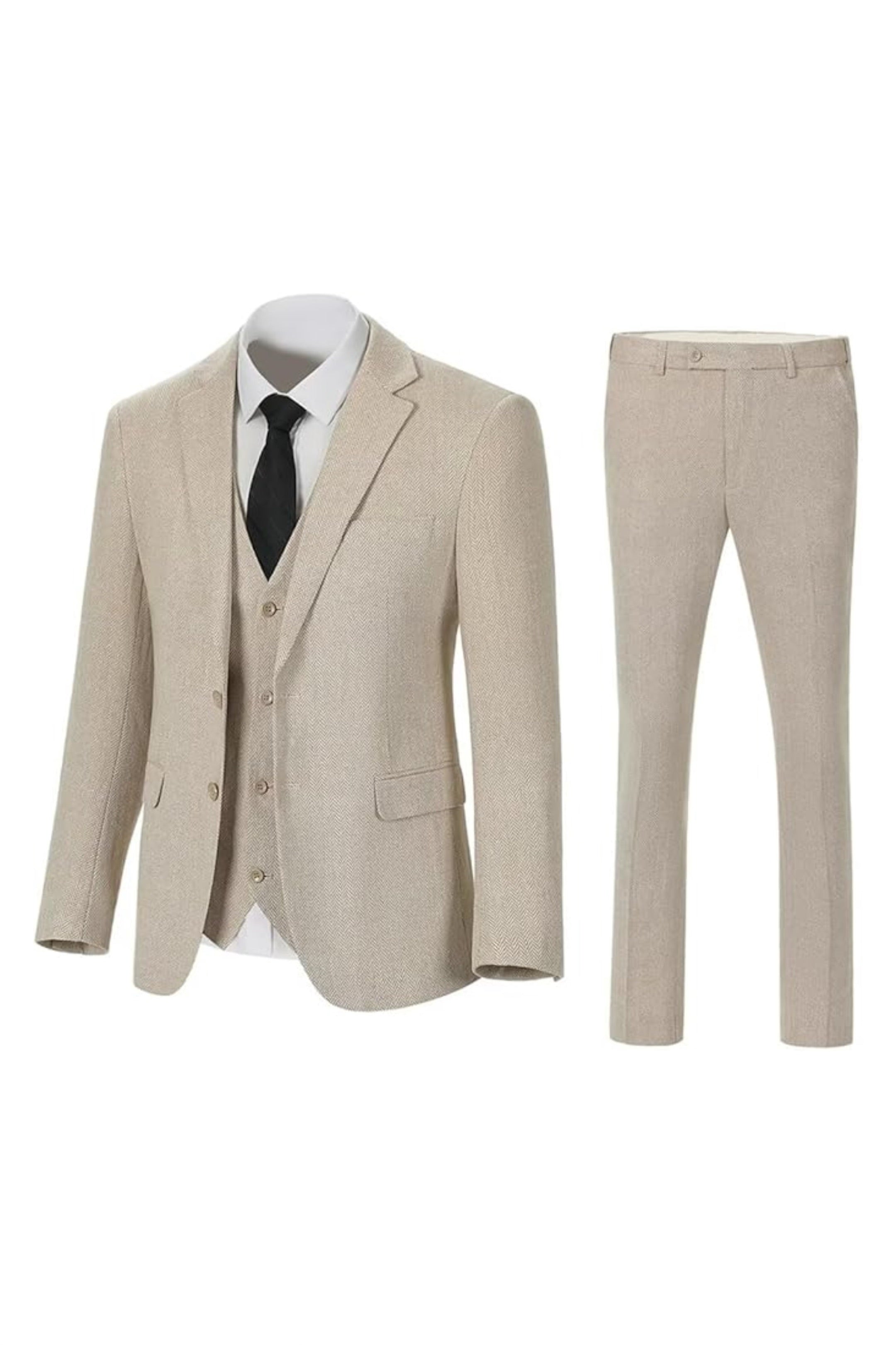 Beige men’s 3 piece herringbone suit with vest and trousers flat lay