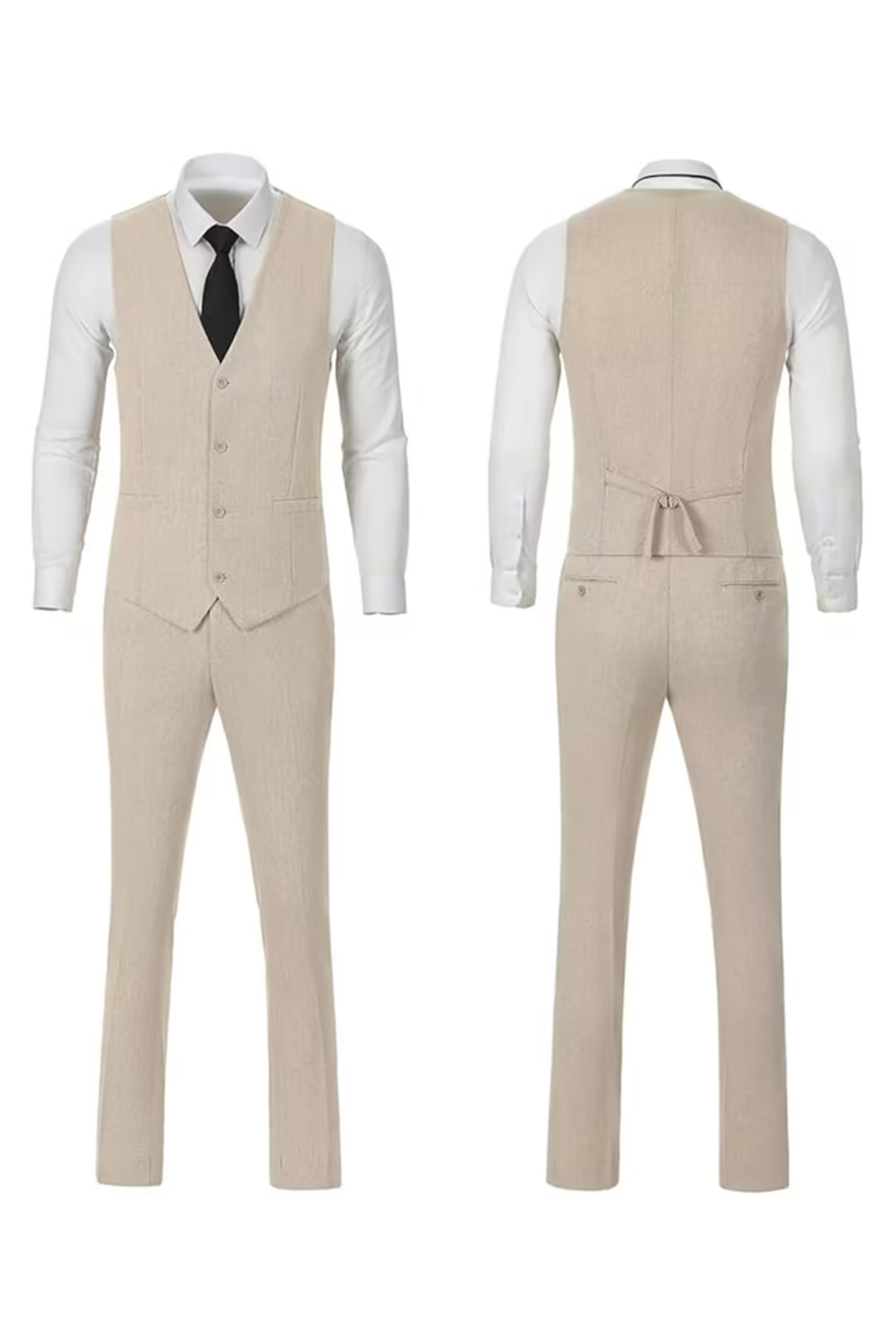 Front and back view of beige herringbone vest and pants for men’s 3 piece suit