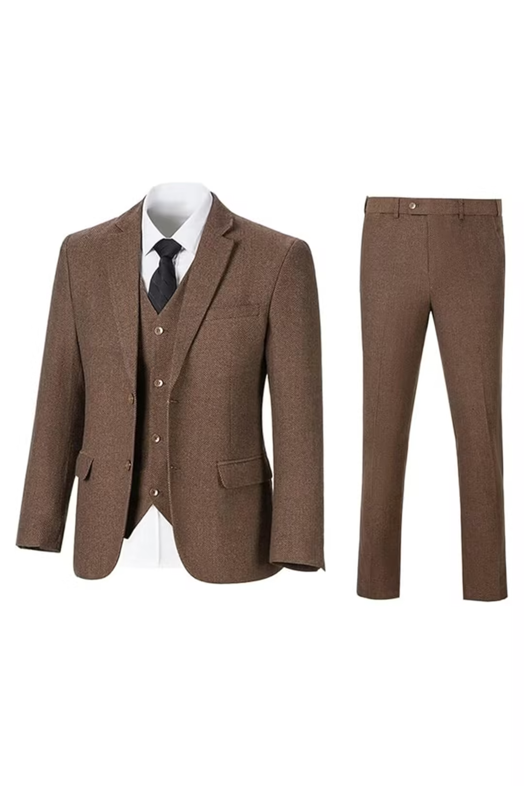 Brown herringbone 3 piece men’s suit – jacket, vest and pants set flat lay