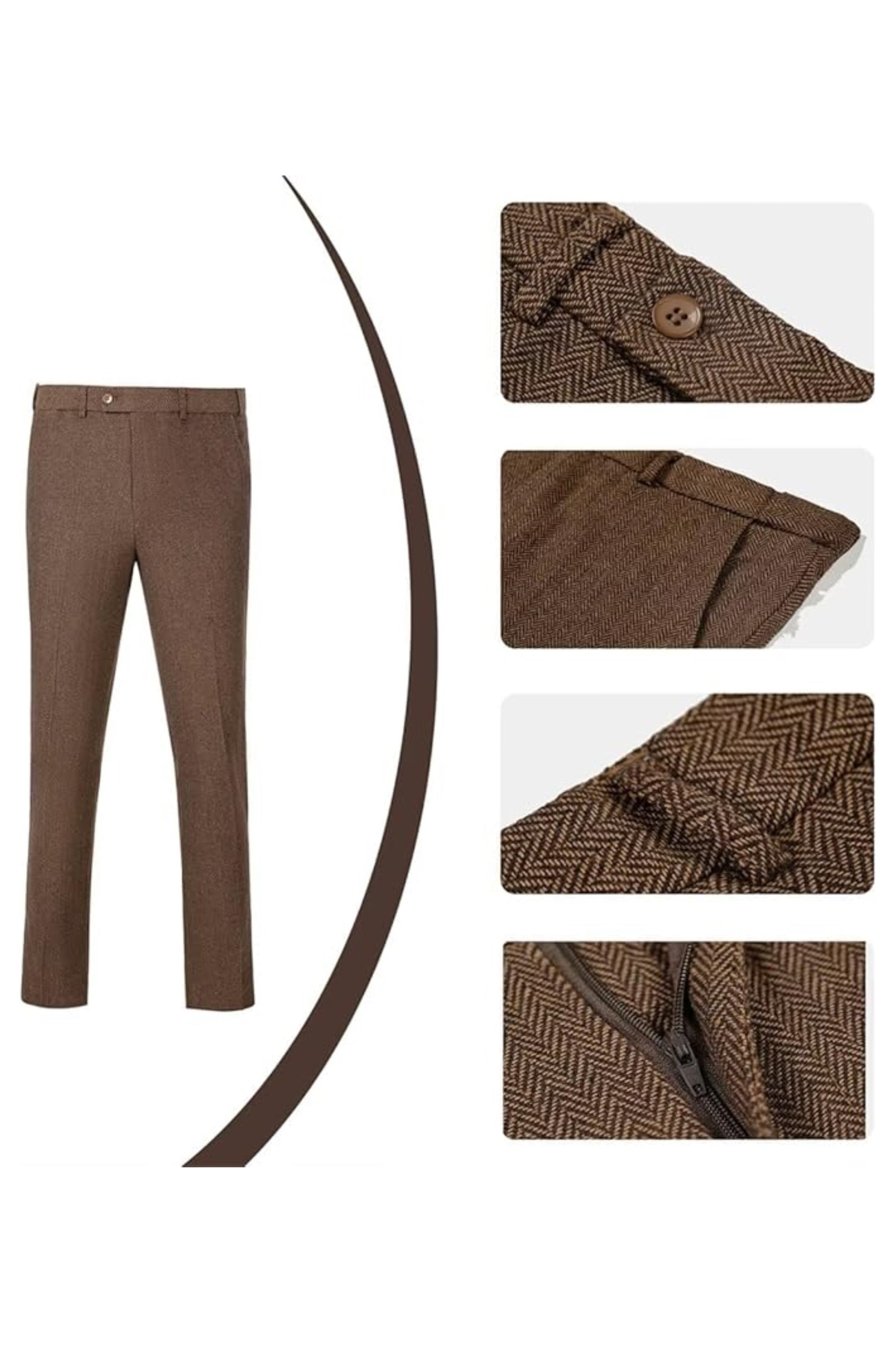 Brown herringbone 3 piece men’s suit – trousers with pocket, zipper and herringbone pattern details