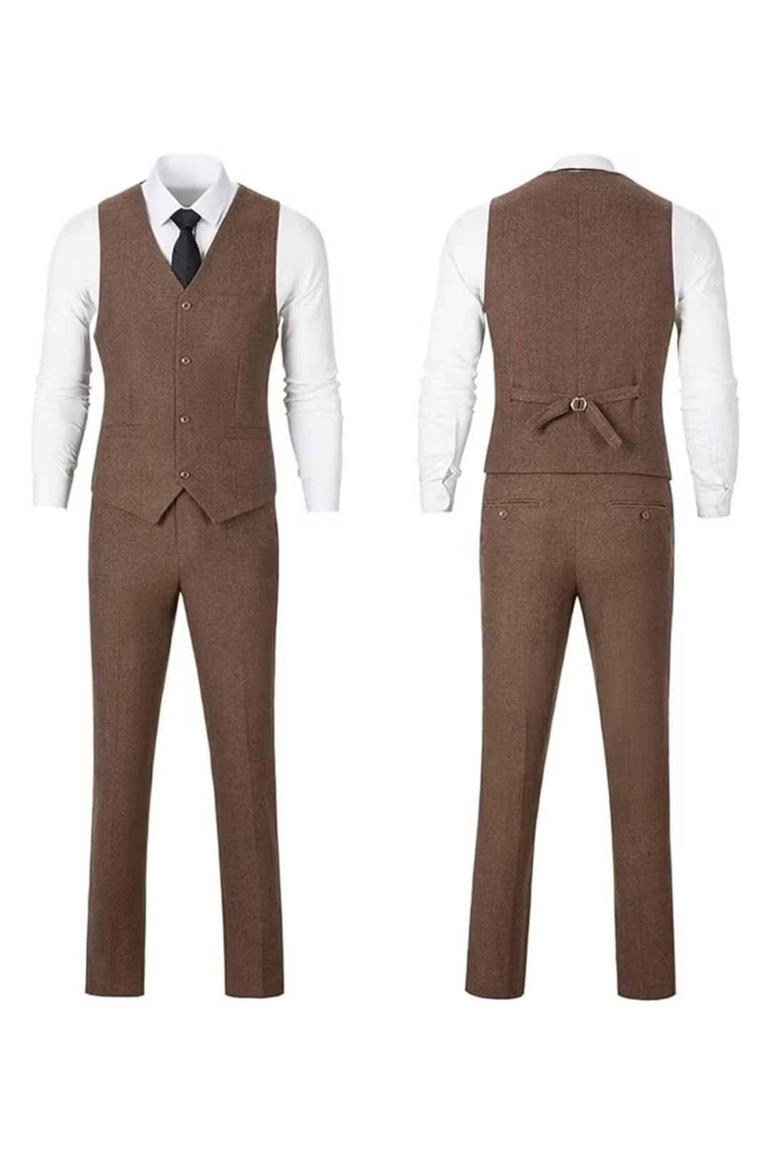 Brown herringbone 3 piece men’s suit – front and back of vest and pants